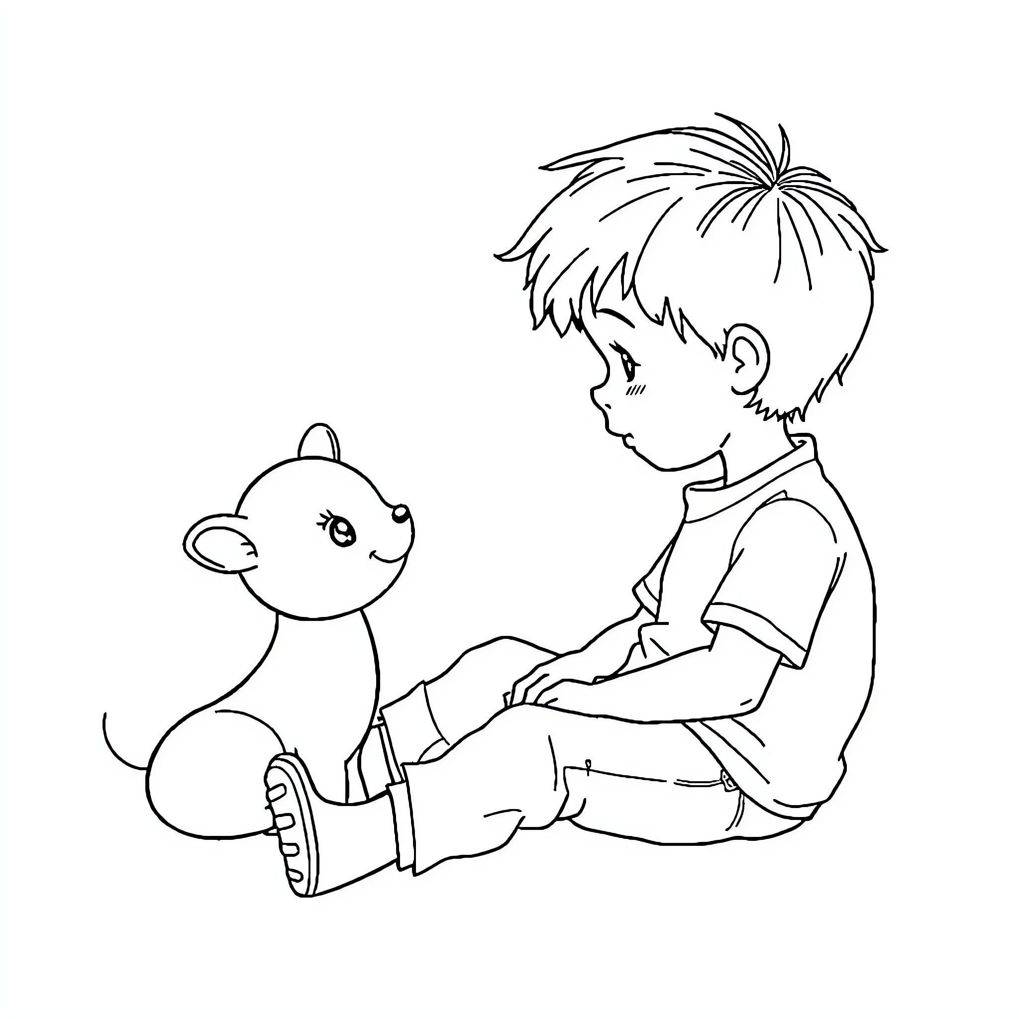 Cat cradled by caring boy Coloring Page (free black-and-white line drawing printable PDF for all, from beginners to advanced learners, including children, teens, adults, and seniors)