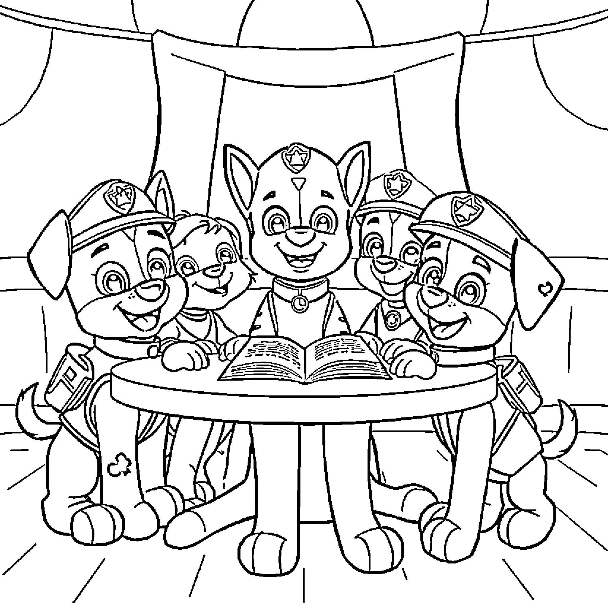 Paw Patrol Puppies Reading Together Happily Coloring Page (free black-and-white line drawing printable PDF for all, from beginners to advanced learners, including children, teens, adults, and seniors)