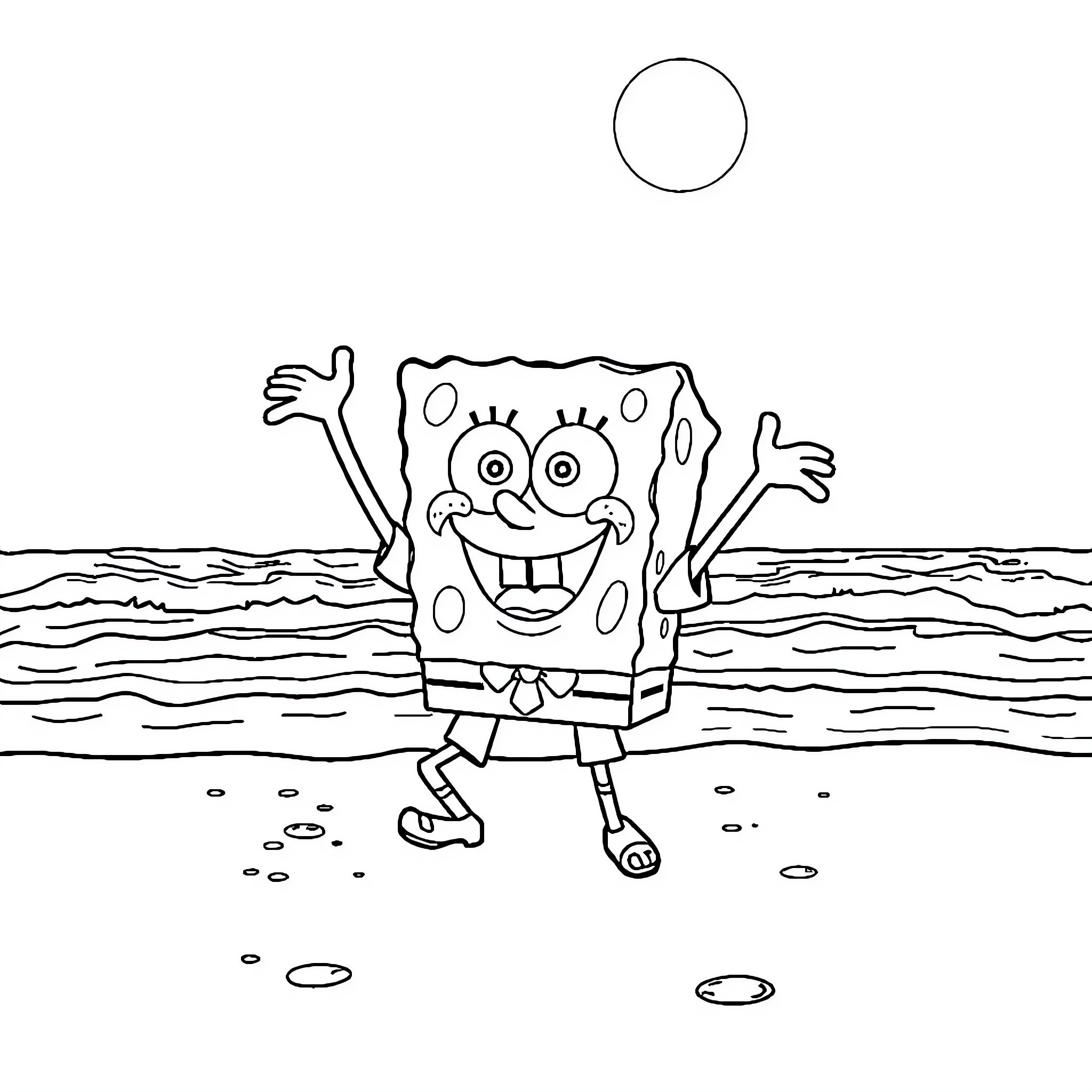 Spongebob's joyful antics by the ocean Coloring Page (free black-and-white line drawing printable PDF for all, from beginners to advanced learners, including children, teens, adults, and seniors)
