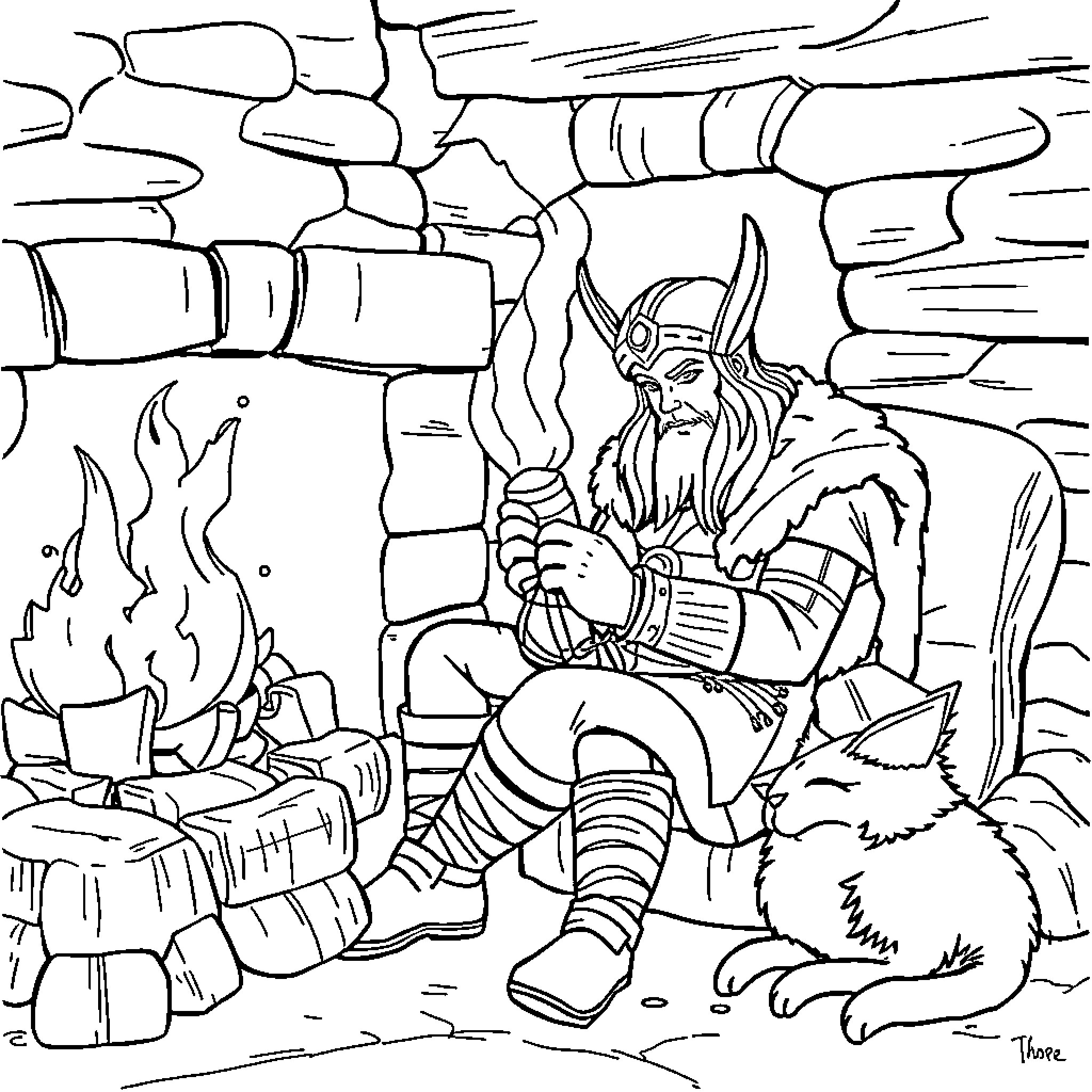 Thor resting by the campfire with his loyal companion Coloring Page (free black-and-white line drawing printable PDF for all, from beginners to advanced learners, including children, teens, adults, and seniors)