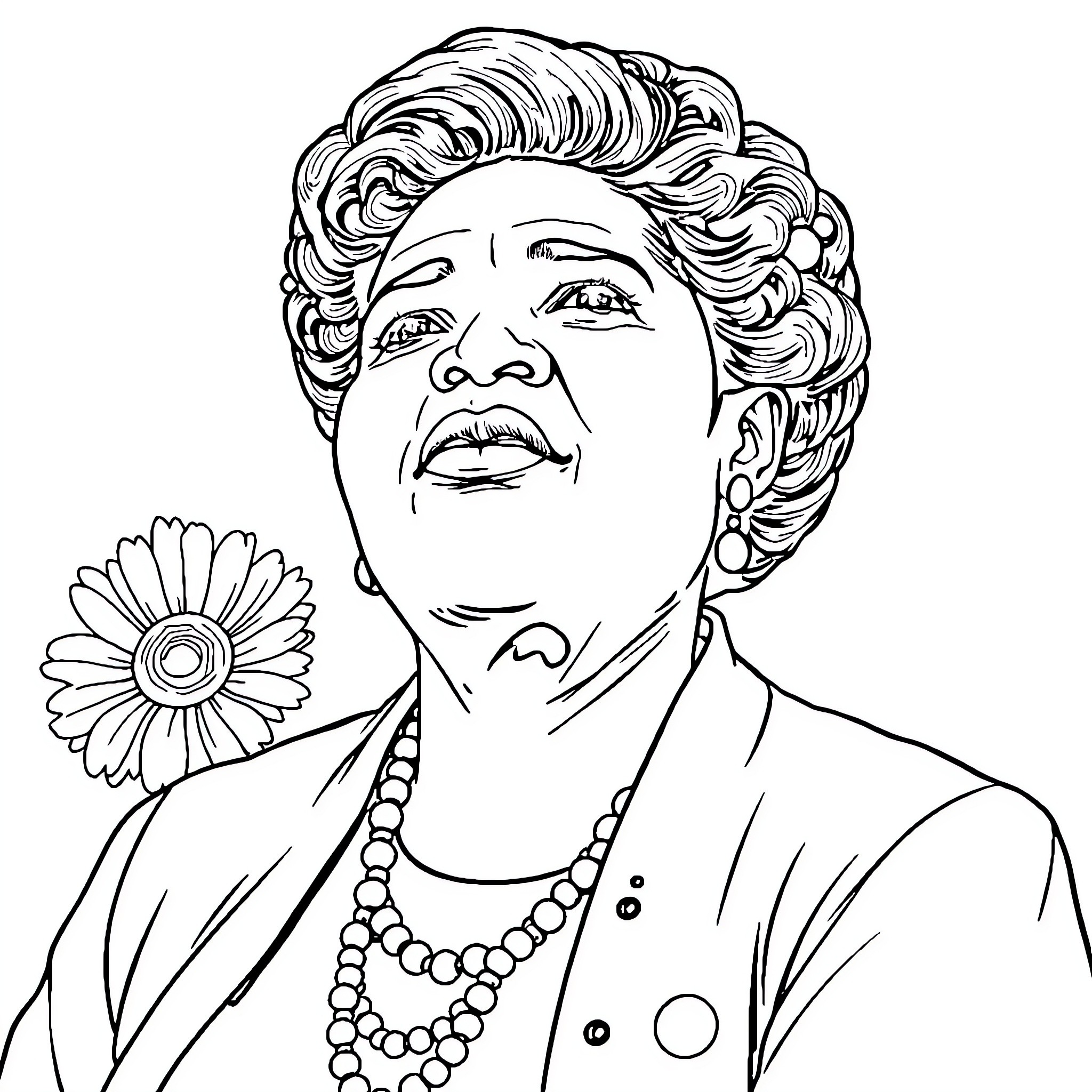 Daisy Gatson Bates portrayed in formal outfit and hairstyle Coloring Page (free black-and-white line drawing printable PDF for all, from beginners to advanced learners, including children, teens, adults, and seniors)