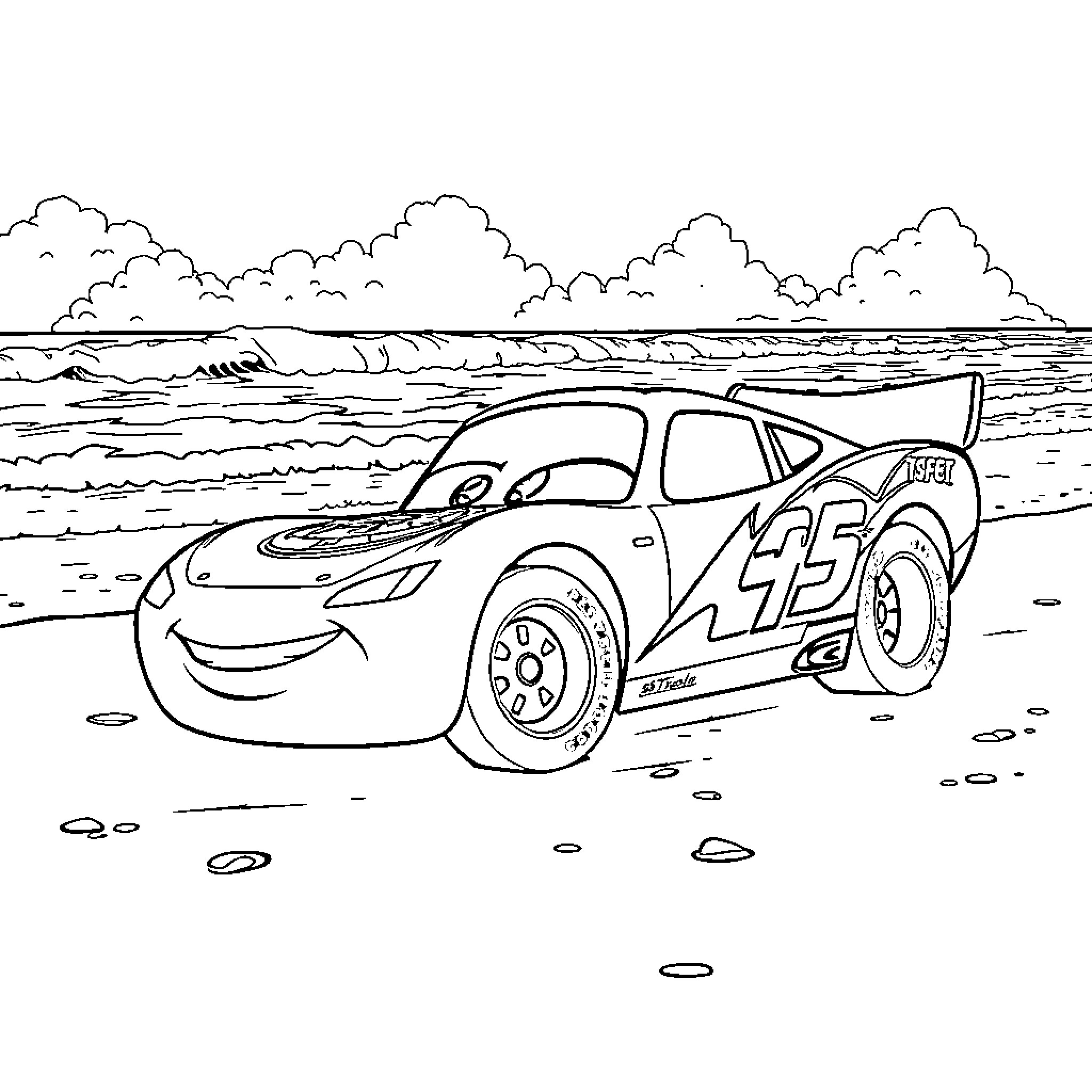 Lightning McQueen racing on the beach Coloring Page (free black-and-white line drawing printable PDF for all, from beginners to advanced learners, including children, teens, adults, and seniors)