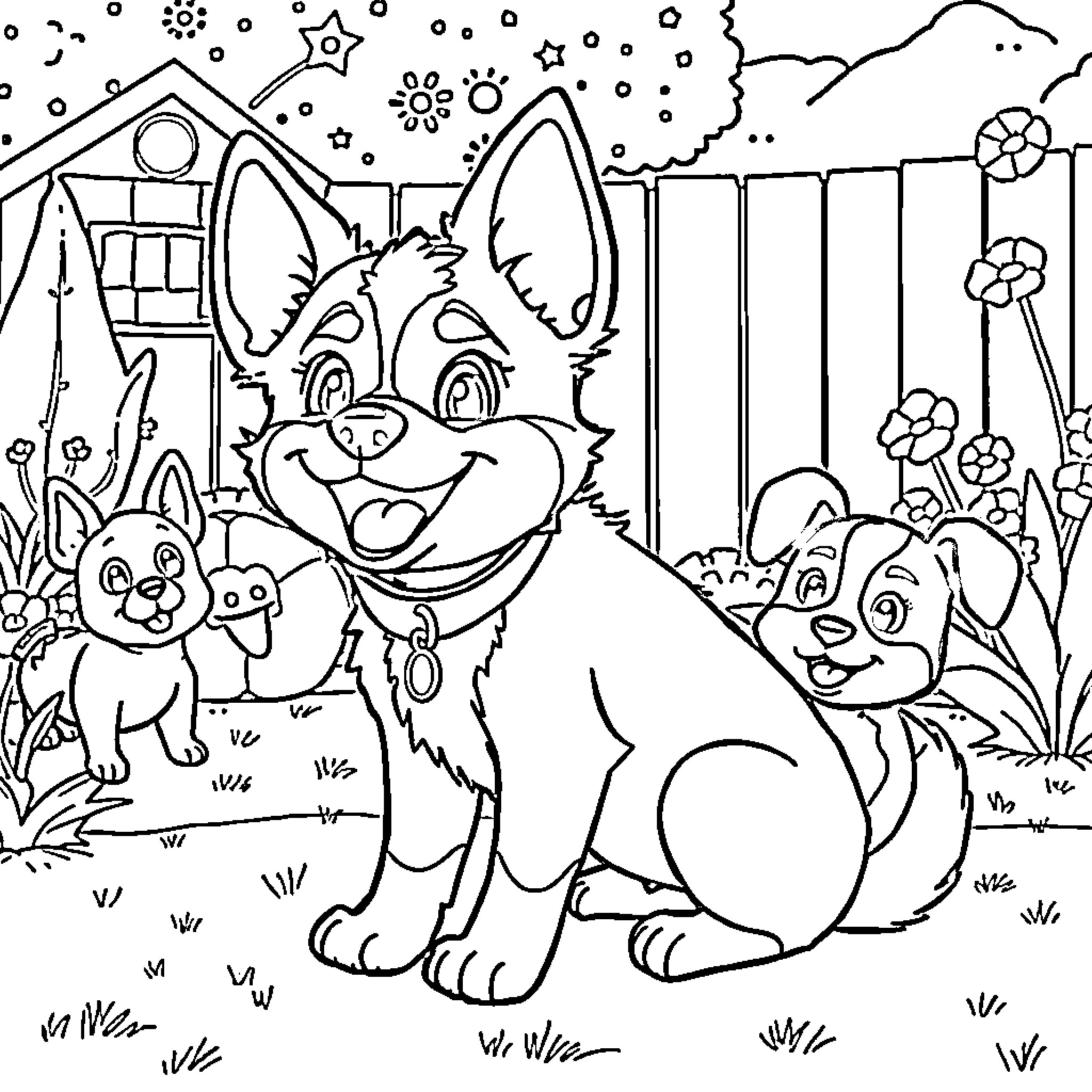 Bluey and Friends Enjoying Playful Outdoor Adventure Coloring Page (free black-and-white line drawing printable PDF for all, from beginners to advanced learners, including children, teens, adults, and seniors)