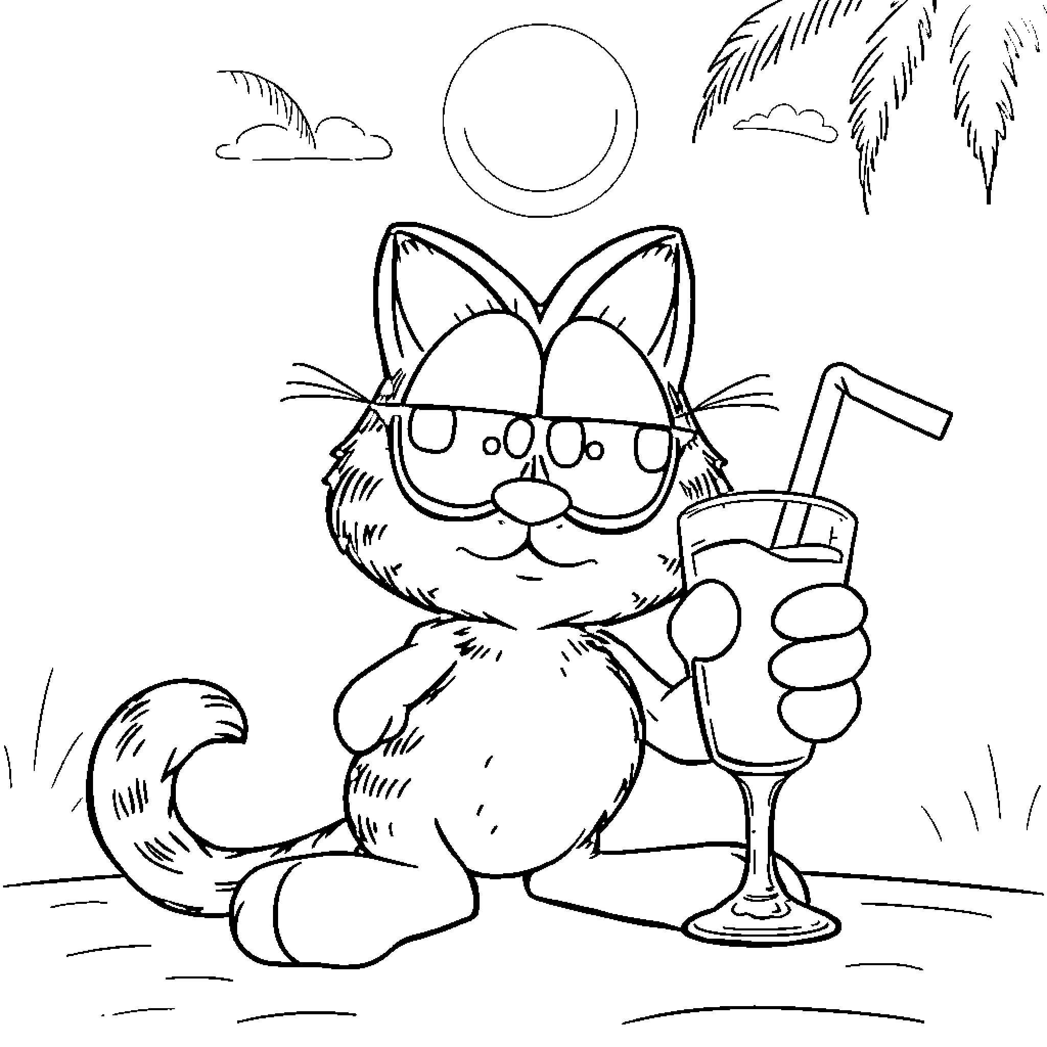 Garfield enjoying a tropical cocktail on the beach Coloring Page (free black-and-white line drawing printable PDF for all, from beginners to advanced learners, including children, teens, adults, and seniors)