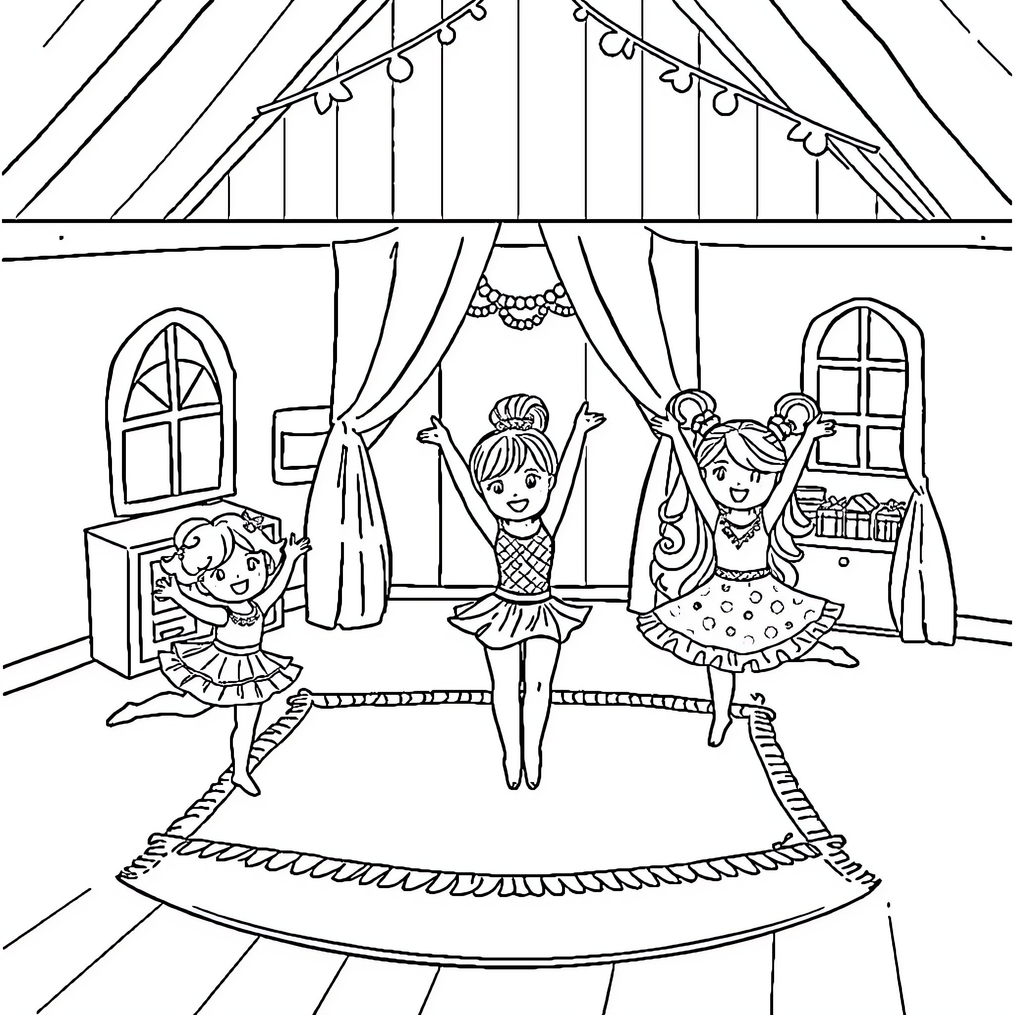 Dollhouse with Dancing Girls in Colorful Costumes Coloring Page (free black-and-white line drawing printable PDF for all, from beginners to advanced learners, including children, teens, adults, and seniors)