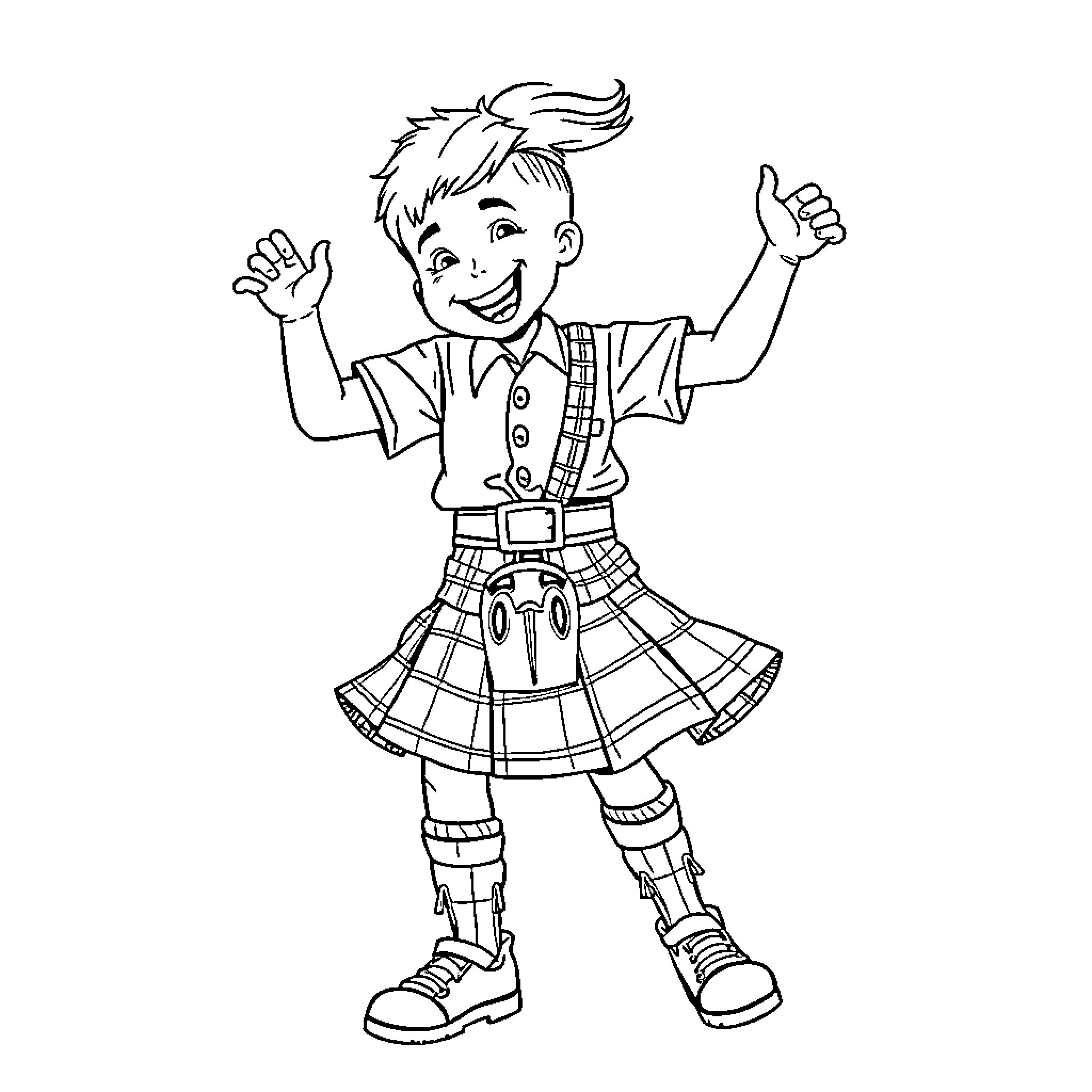 Boy enthusiastically posing in casual outfit Coloring Page (free black-and-white line drawing printable PDF for all, from beginners to advanced learners, including children, teens, adults, and seniors)