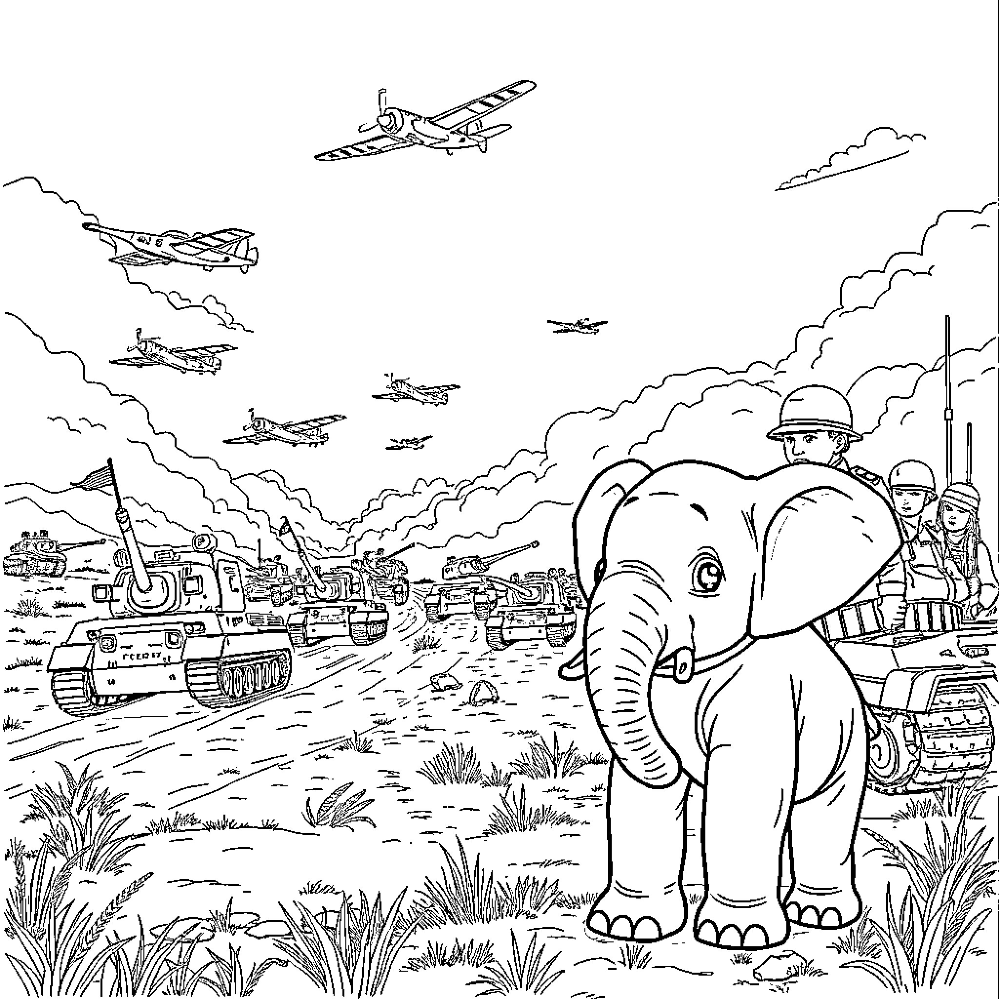 Elephant in military war zone with fighter jets Coloring Page (free black-and-white line drawing printable PDF for all, from beginners to advanced learners, including children, teens, adults, and seniors)