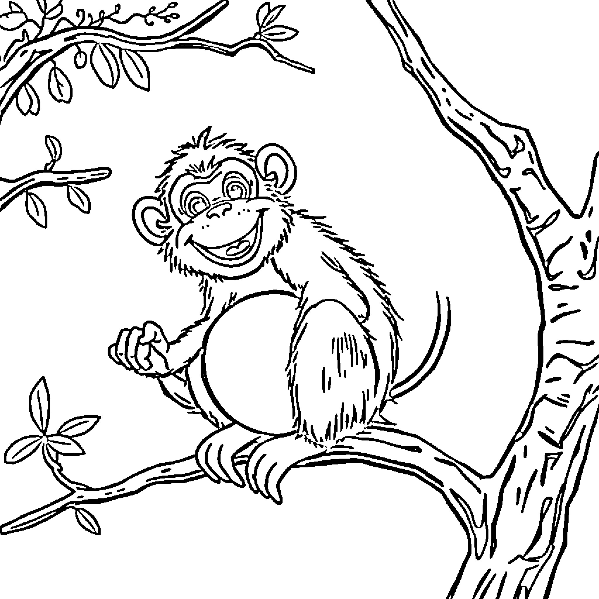 Monkey enjoying a branch in the forest Coloring Page (free black-and-white line drawing printable PDF for all, from beginners to advanced learners, including children, teens, adults, and seniors)