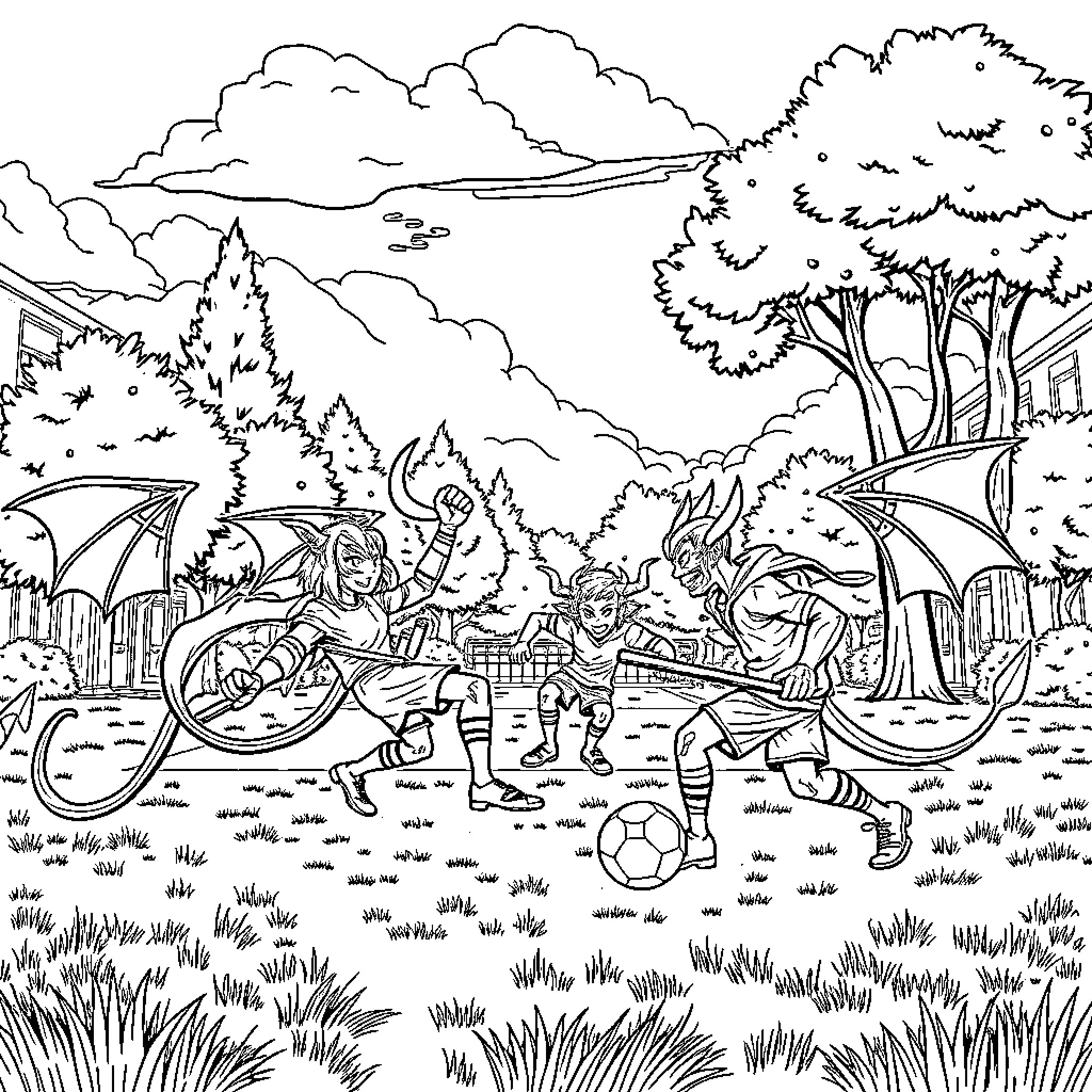 Demon Hunter Faces Mythical Creatures in Outdoor Battle Coloring Page (free black-and-white line drawing printable PDF for all, from beginners to advanced learners, including children, teens, adults, and seniors)