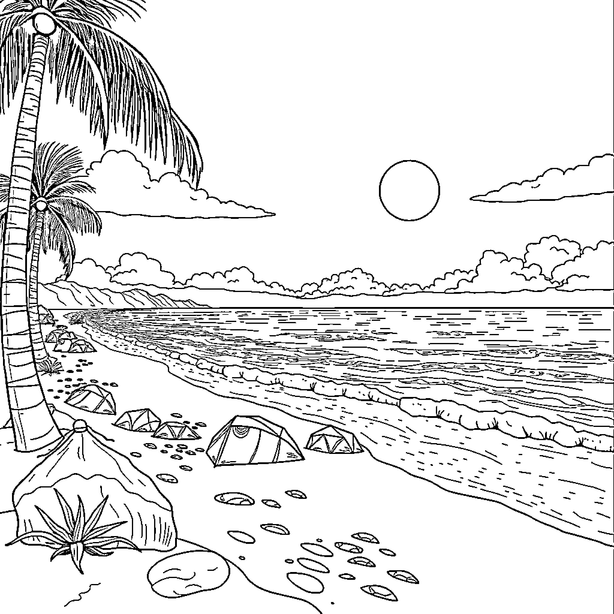 Blue Coastal Beach Scene with Palms and Tents Coloring Page (free black-and-white line drawing printable PDF for all, from beginners to advanced learners, including children, teens, adults, and seniors)