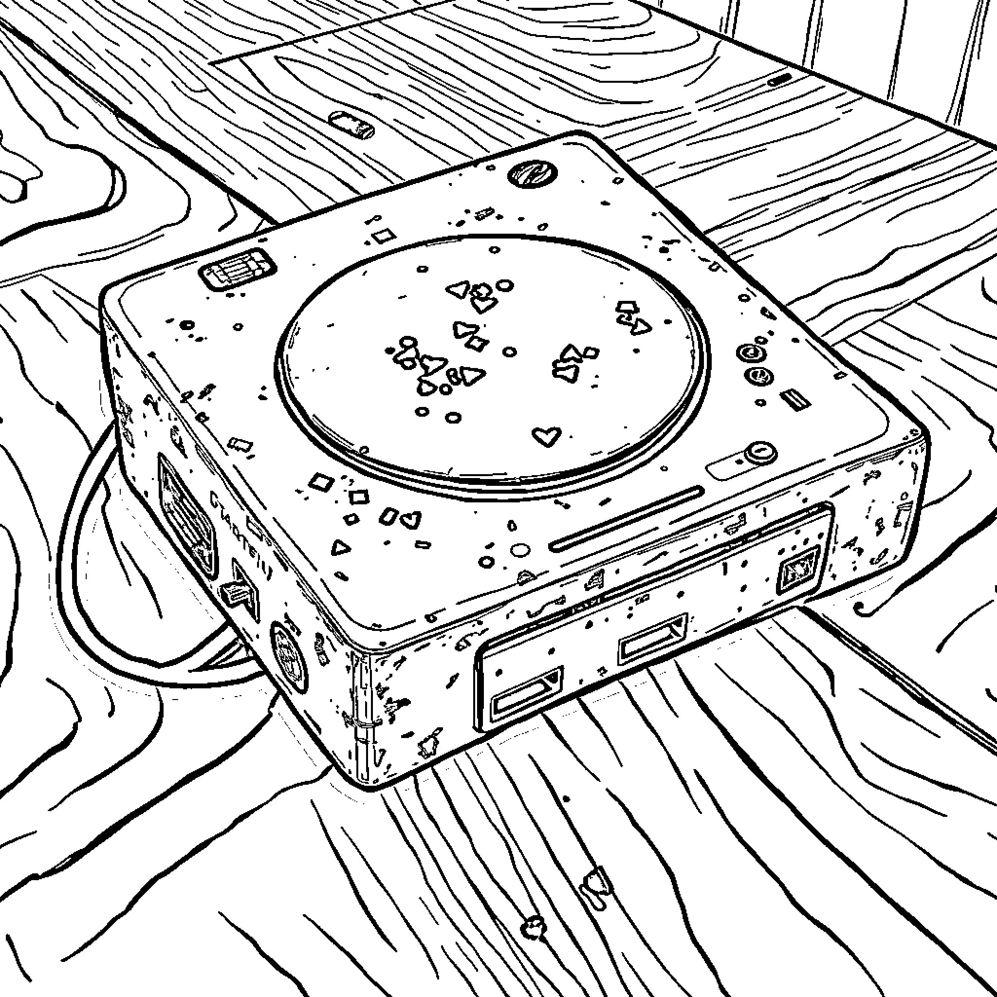Xbox console on a wooden surface Coloring Page (free black-and-white line drawing printable PDF for all, from beginners to advanced learners, including children, teens, adults, and seniors)