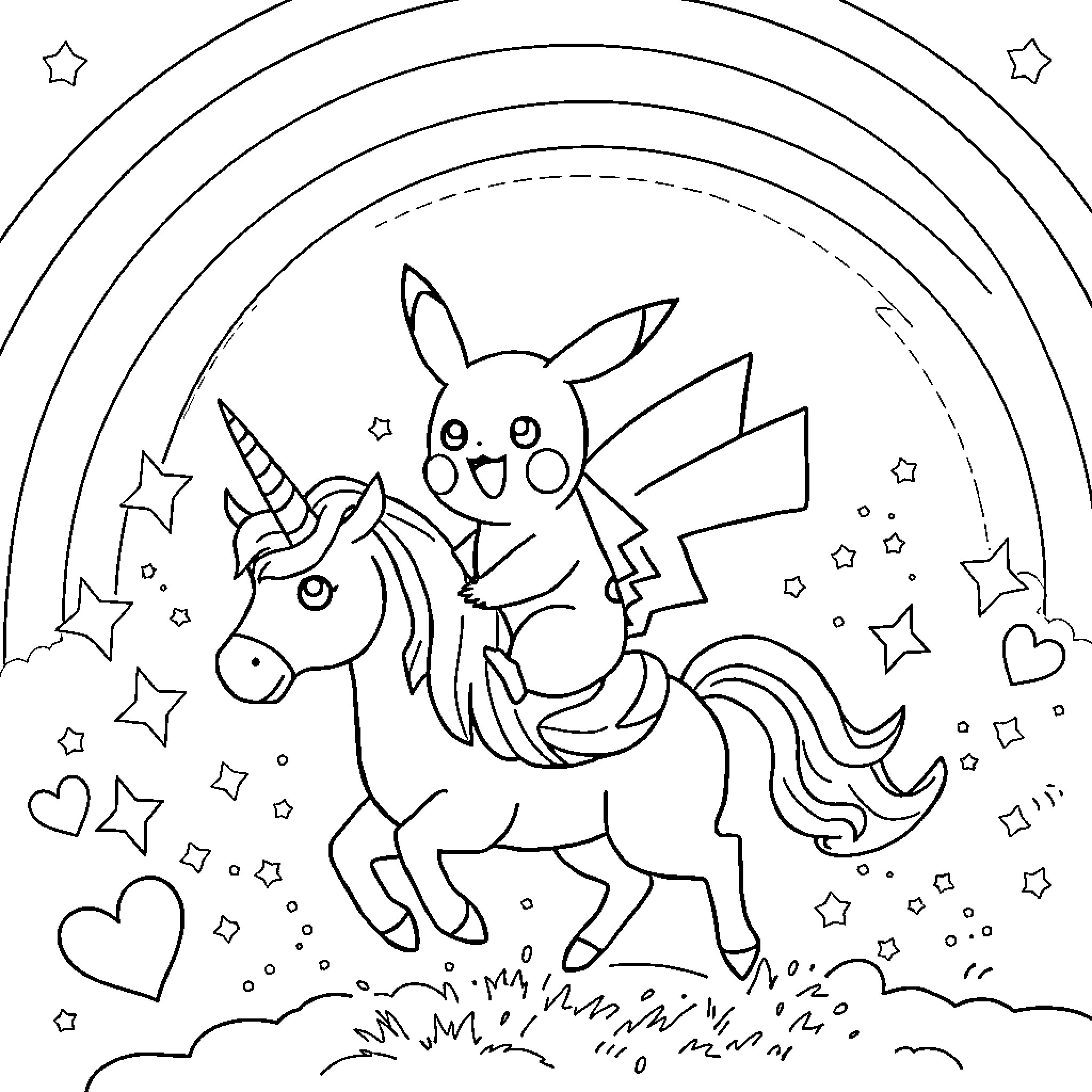 Pikachu riding a magical unicorn in a fantastical scene Coloring Page (free black-and-white line drawing printable PDF for all, from beginners to advanced learners, including children, teens, adults, and seniors)