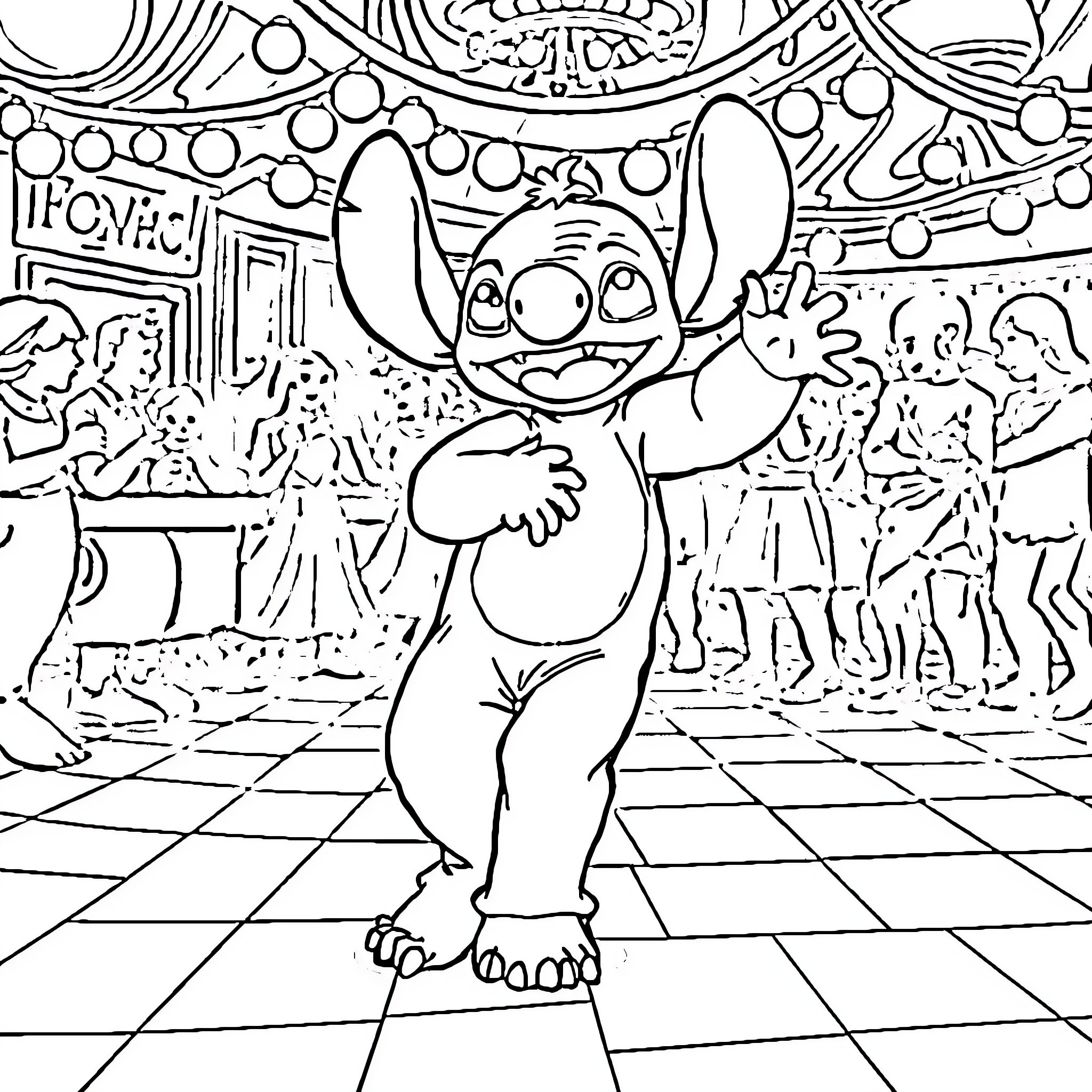 Stitch dancing joyfully at the party Coloring Page (free black-and-white line drawing printable PDF for all, from beginners to advanced learners, including children, teens, adults, and seniors)