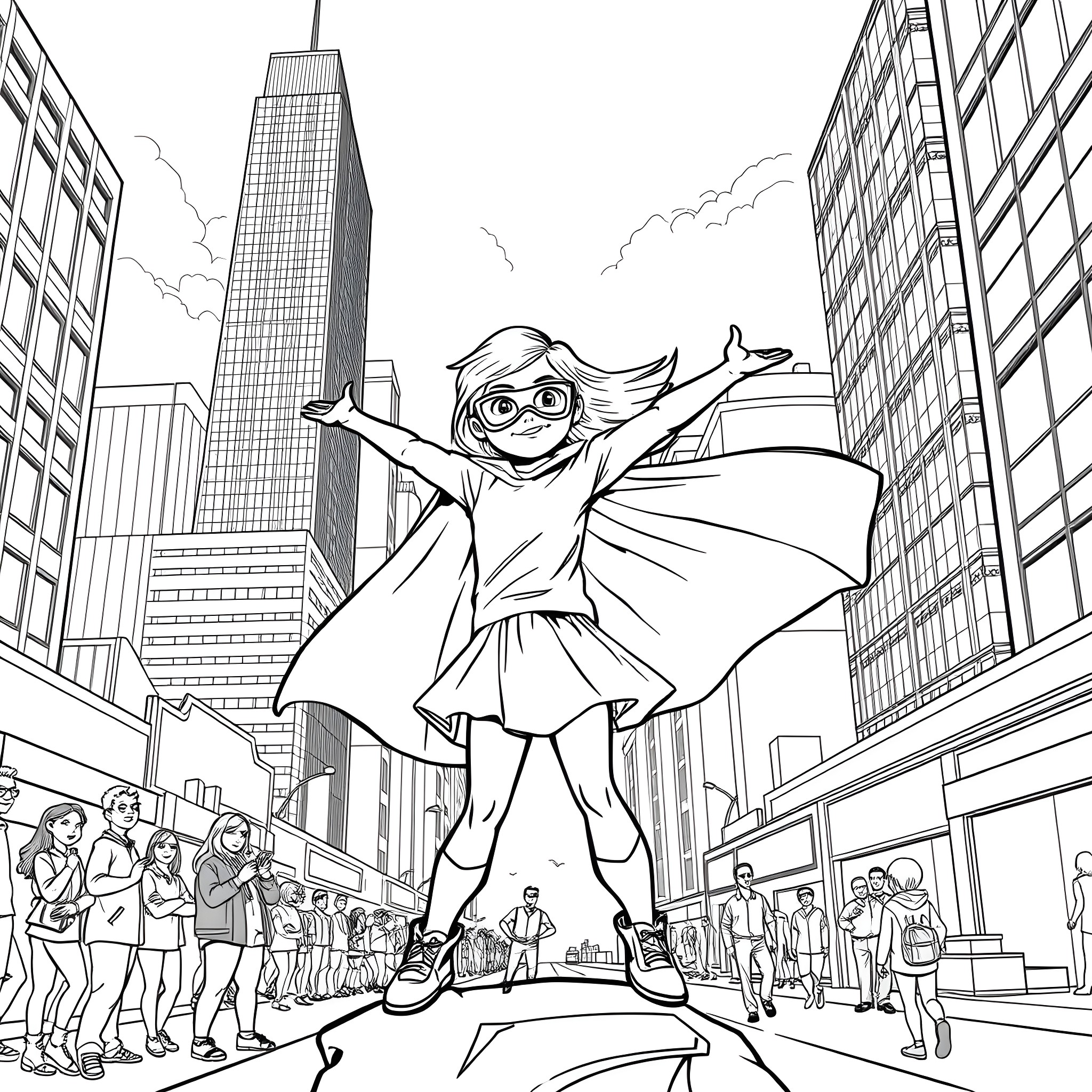 Girl superhero soaring over the city Coloring Page (free black-and-white line drawing printable PDF for all, from beginners to advanced learners, including children, teens, adults, and seniors)