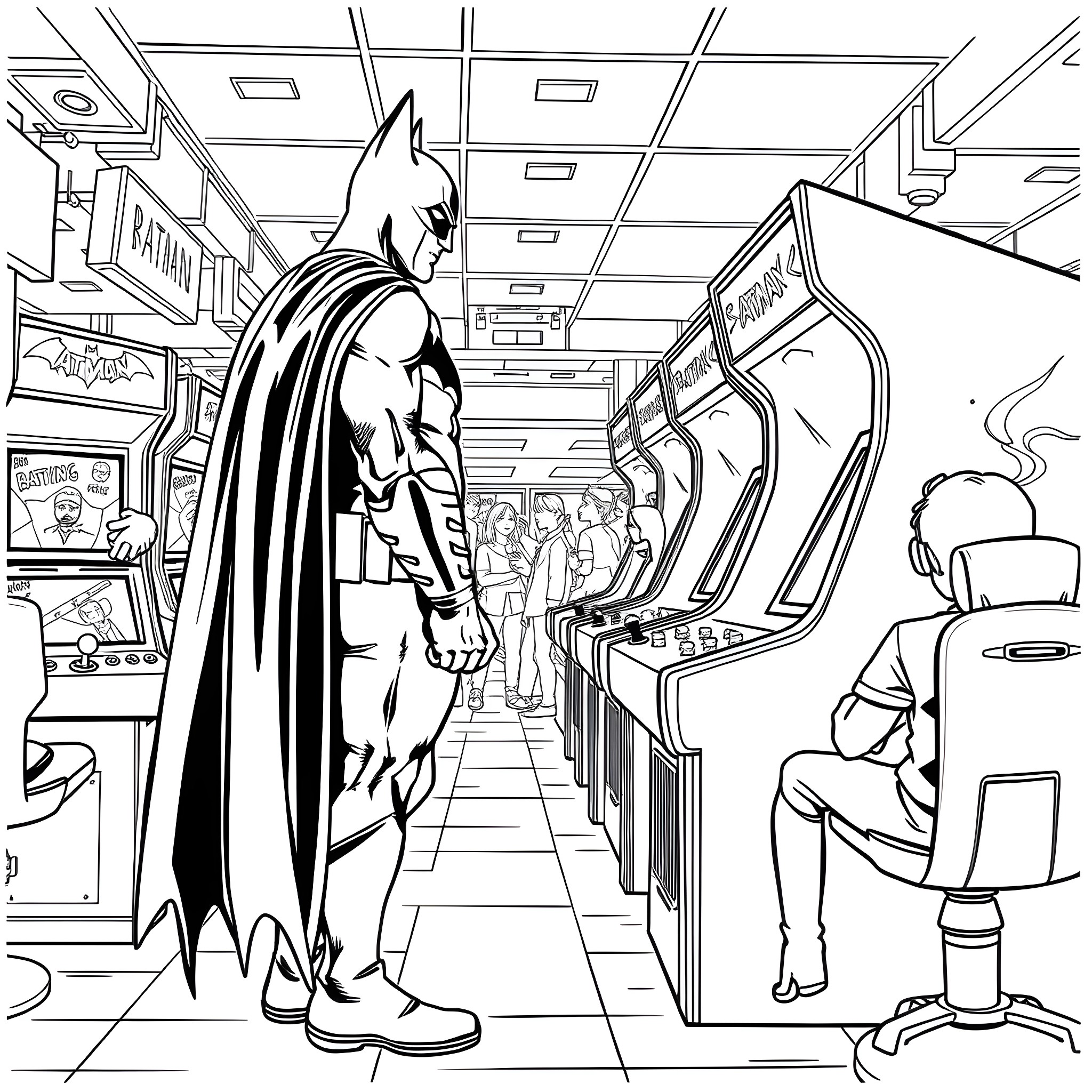 Batman in a Retro Arcade Wonderland Coloring Page (free black-and-white line drawing printable PDF for all, from beginners to advanced learners, including children, teens, adults, and seniors)
