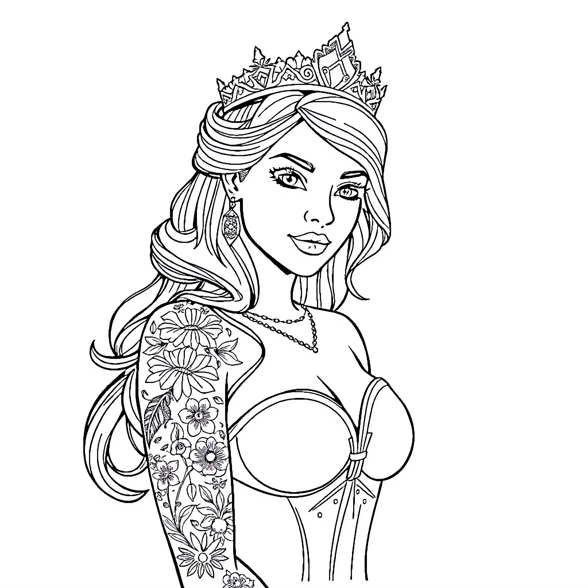 Princess with Ornate Crown and Floral Tattoo Coloring Page (free black-and-white line drawing printable PDF for all, from beginners to advanced learners, including children, teens, adults, and seniors)