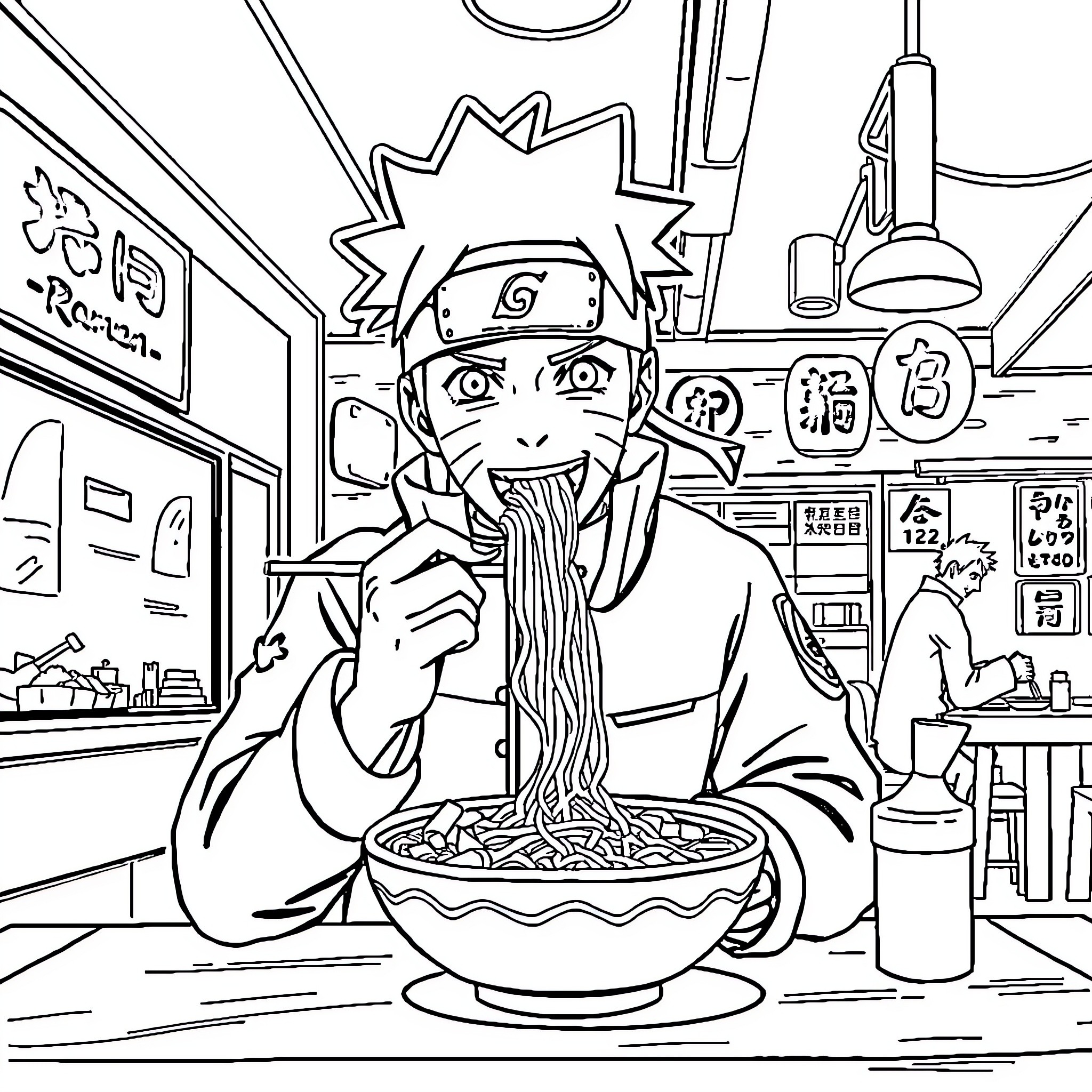 Naruto enjoying a bowl of ramen at a noodle shop Coloring Page (free black-and-white line drawing printable PDF for all, from beginners to advanced learners, including children, teens, adults, and seniors)