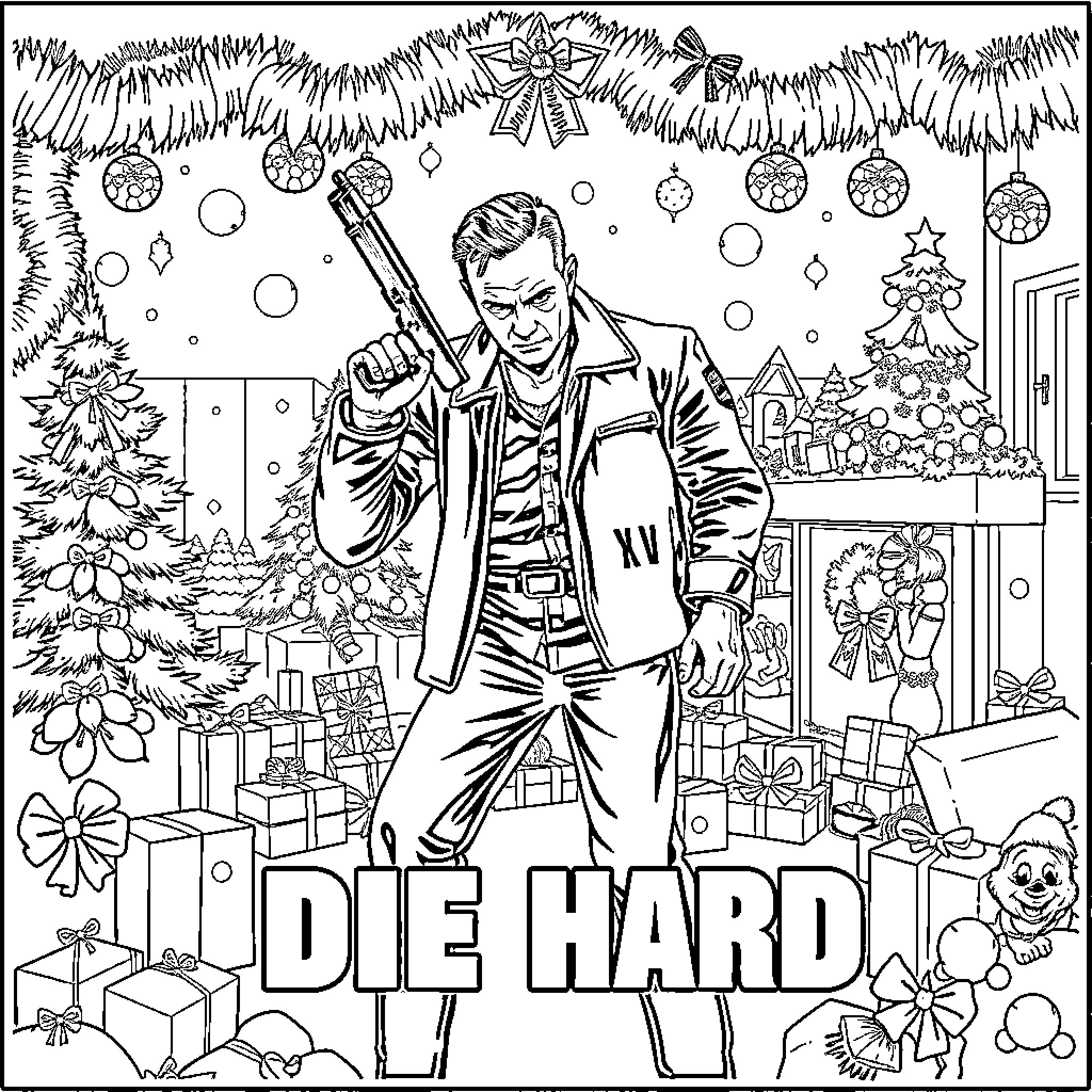 Diehard: Man with Gun Amid Christmas Decorations Coloring Page (free black-and-white line drawing printable PDF for all, from beginners to advanced learners, including children, teens, adults, and seniors)