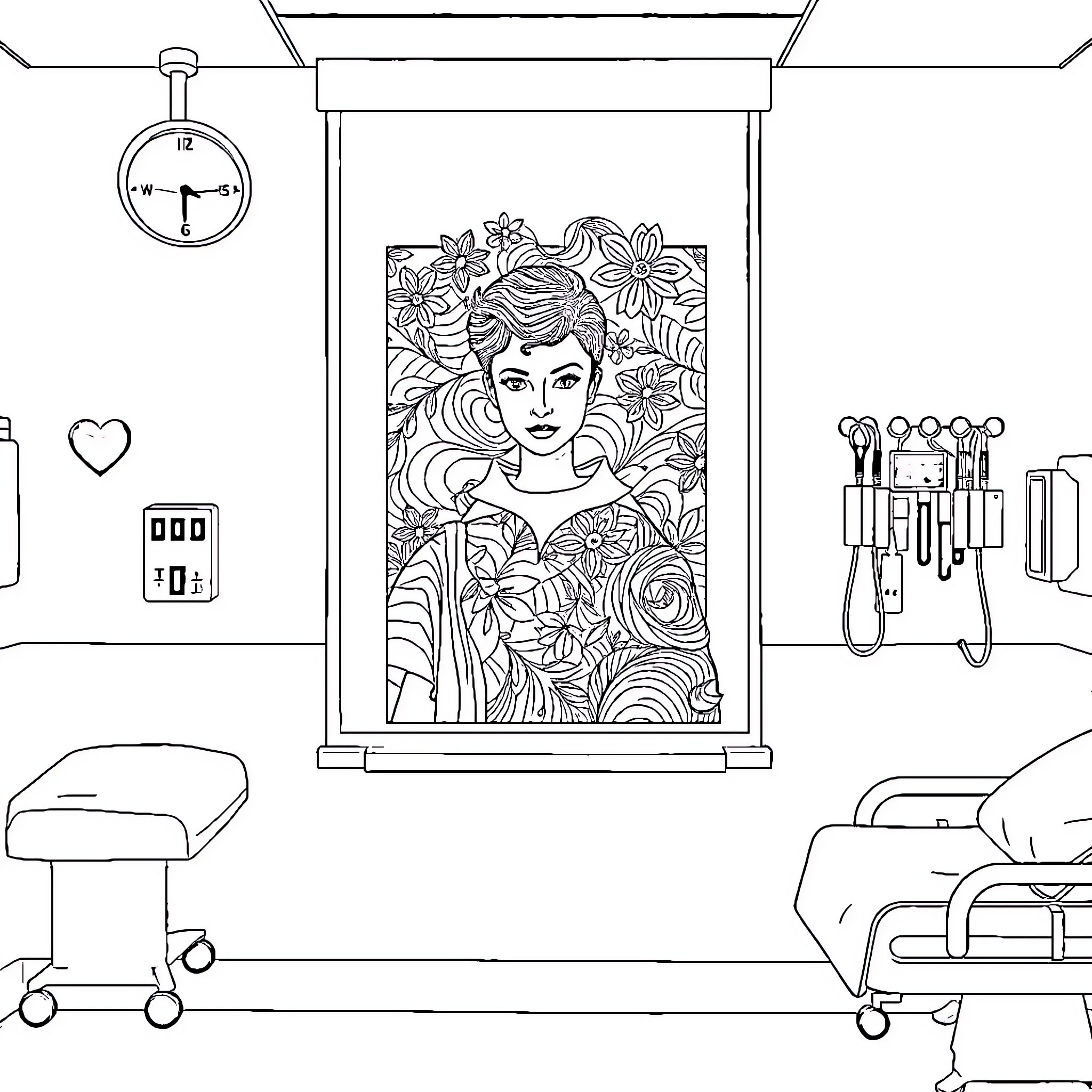 Whiteboard with floral pattern and woman's portrait Coloring Page (free black-and-white line drawing printable PDF for all, from beginners to advanced learners, including children, teens, adults, and seniors)