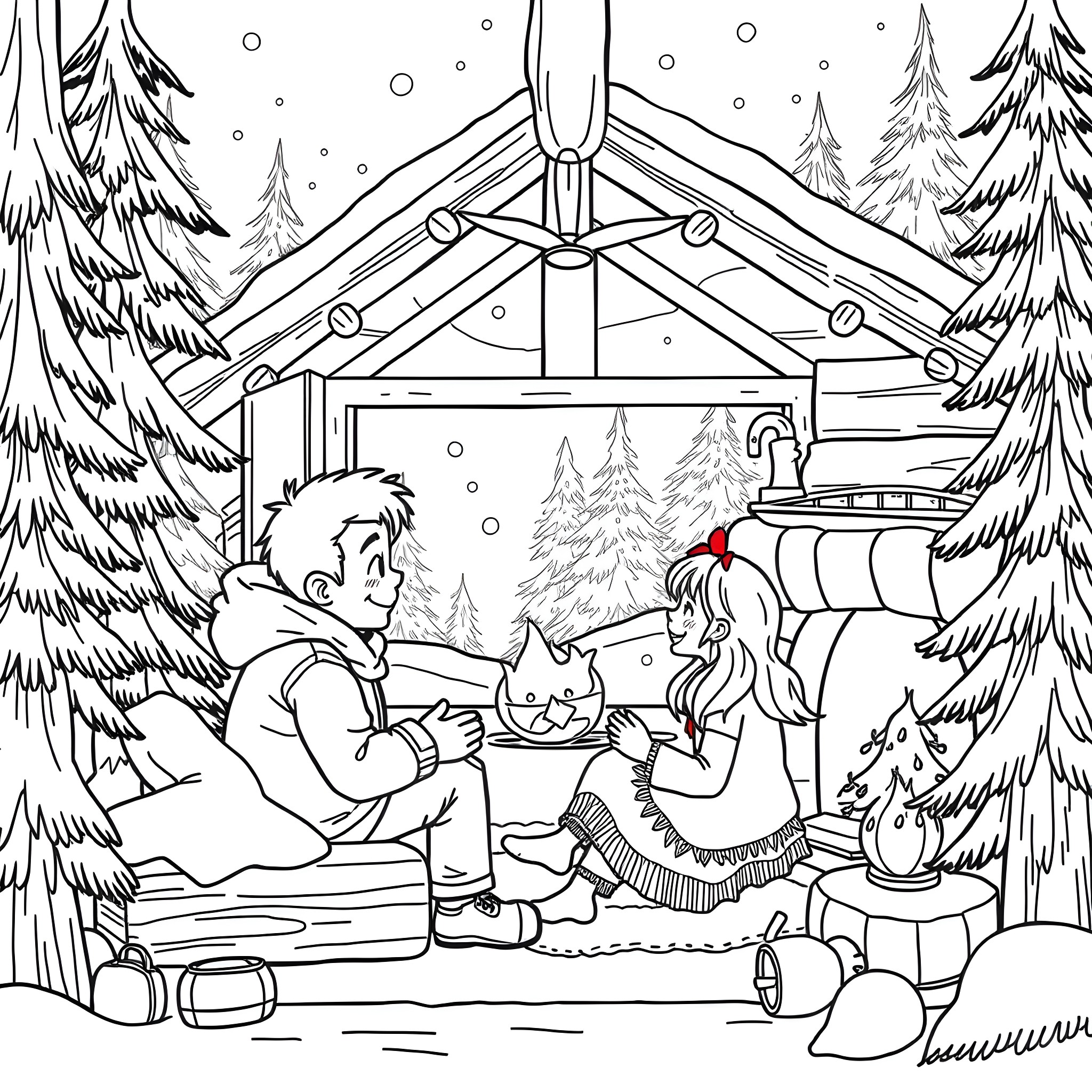 Jack and Sally Cozy Up in Snowy Cabin Coloring Page (free black-and-white line drawing printable PDF for all, from beginners to advanced learners, including children, teens, adults, and seniors)
