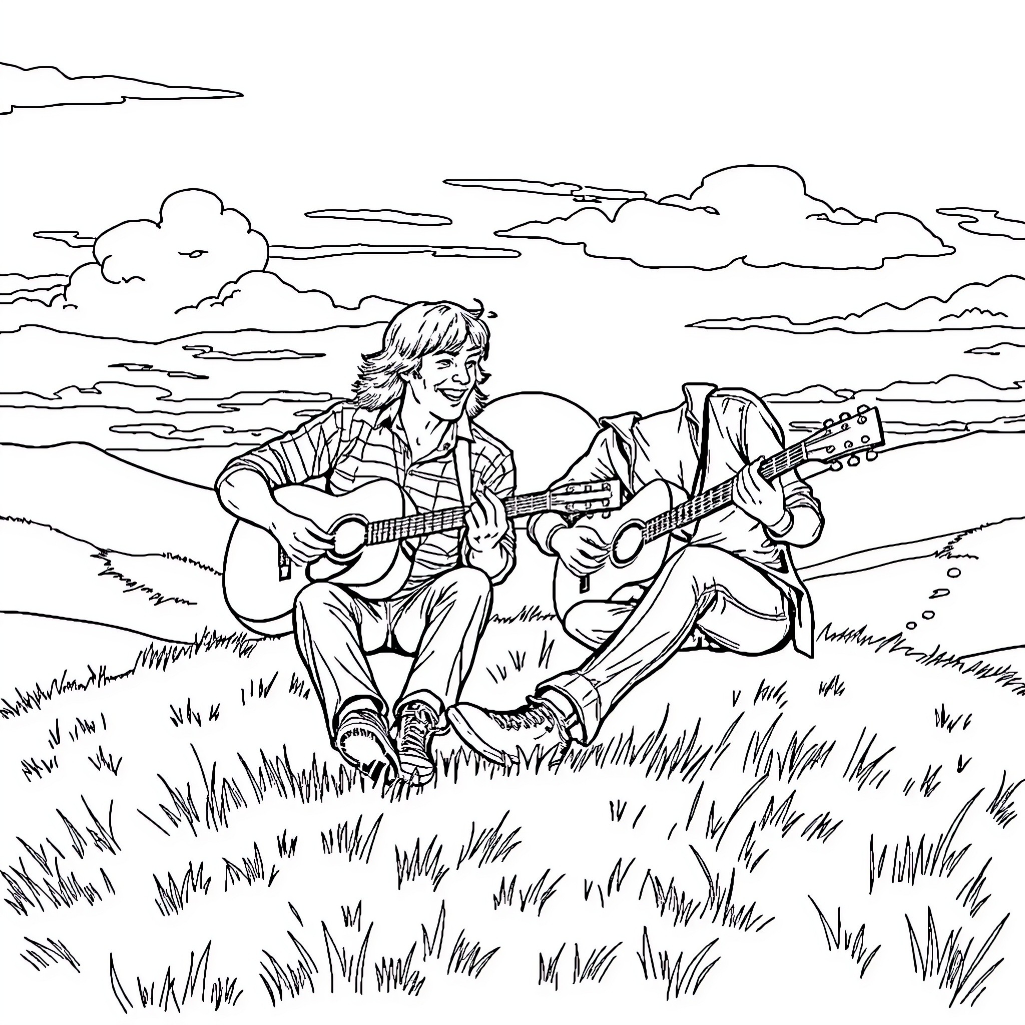 Bill and Ted play guitars in the countryside Coloring Page (free black-and-white line drawing printable PDF for all, from beginners to advanced learners, including children, teens, adults, and seniors)