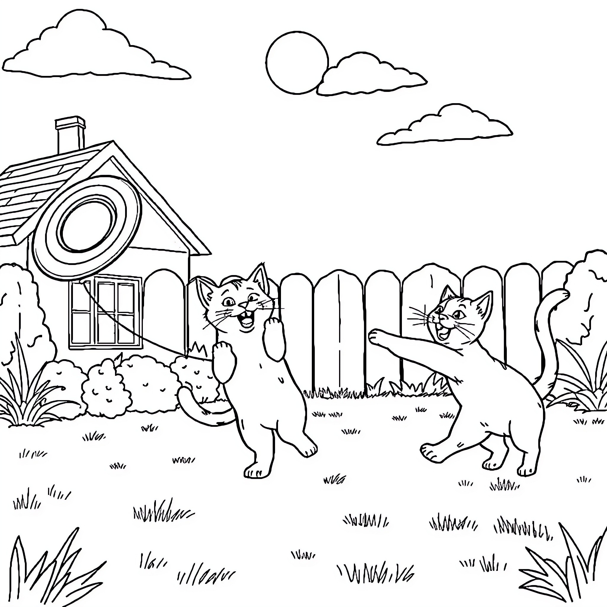 Cats playing outdoors near a house Coloring Page (free black-and-white line drawing printable PDF for all, from beginners to advanced learners, including children, teens, adults, and seniors)