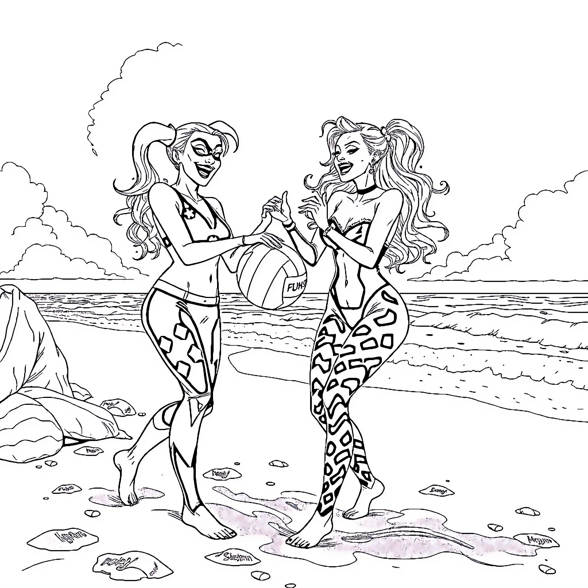 Harley Quinn and Ivy Enjoying a Beach Day Coloring Page (free black-and-white line drawing printable PDF for all, from beginners to advanced learners, including children, teens, adults, and seniors)