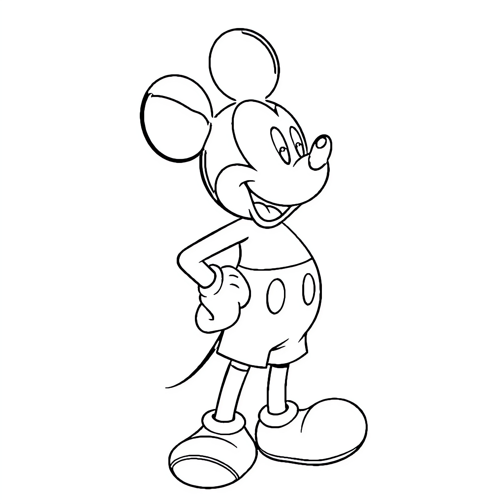 Mickey Mouse smiling and posing happily Coloring Page (free black-and-white line drawing printable PDF for all, from beginners to advanced learners, including children, teens, adults, and seniors)