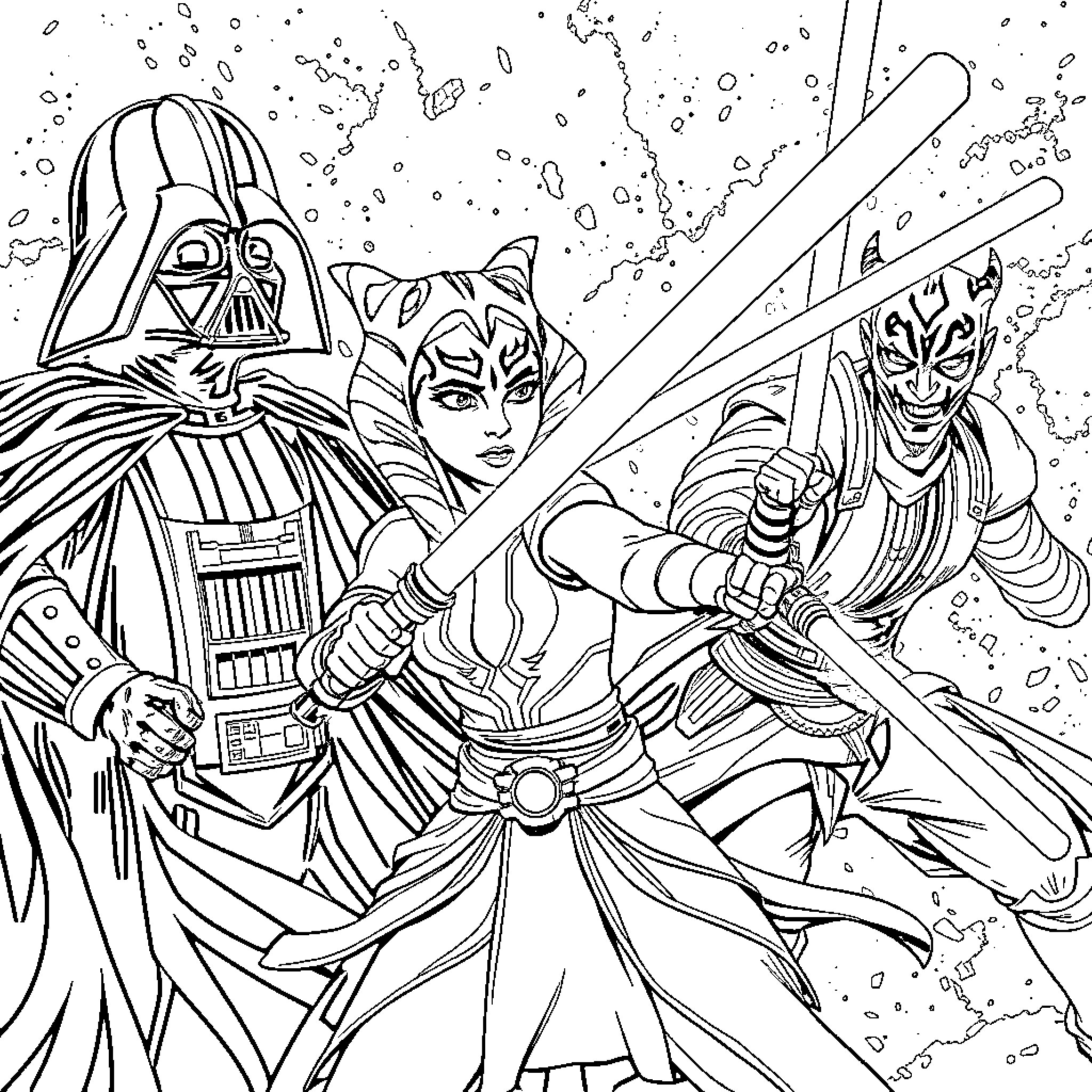 Ahsoka Tano's Daring Adventure with Darth Vader and Anakin Skywalker Coloring Page (free black-and-white line drawing printable PDF for all, from beginners to advanced learners, including children, teens, adults, and seniors)