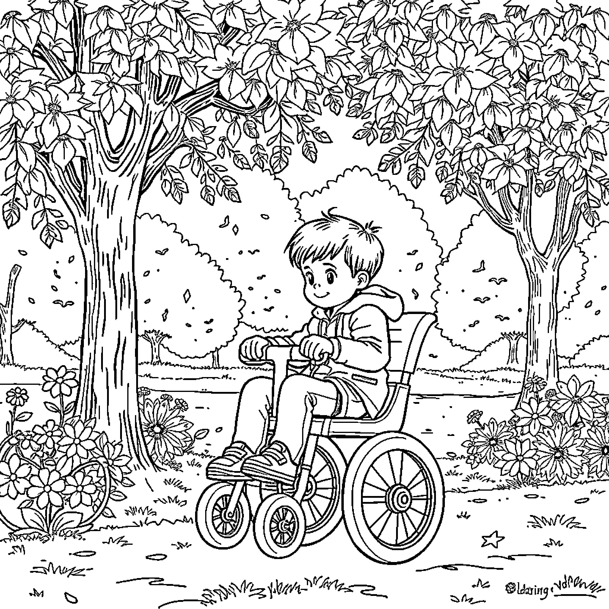 Child playing outdoors in wheelchair among nature Coloring Page (free black-and-white line drawing printable PDF for all, from beginners to advanced learners, including children, teens, adults, and seniors)