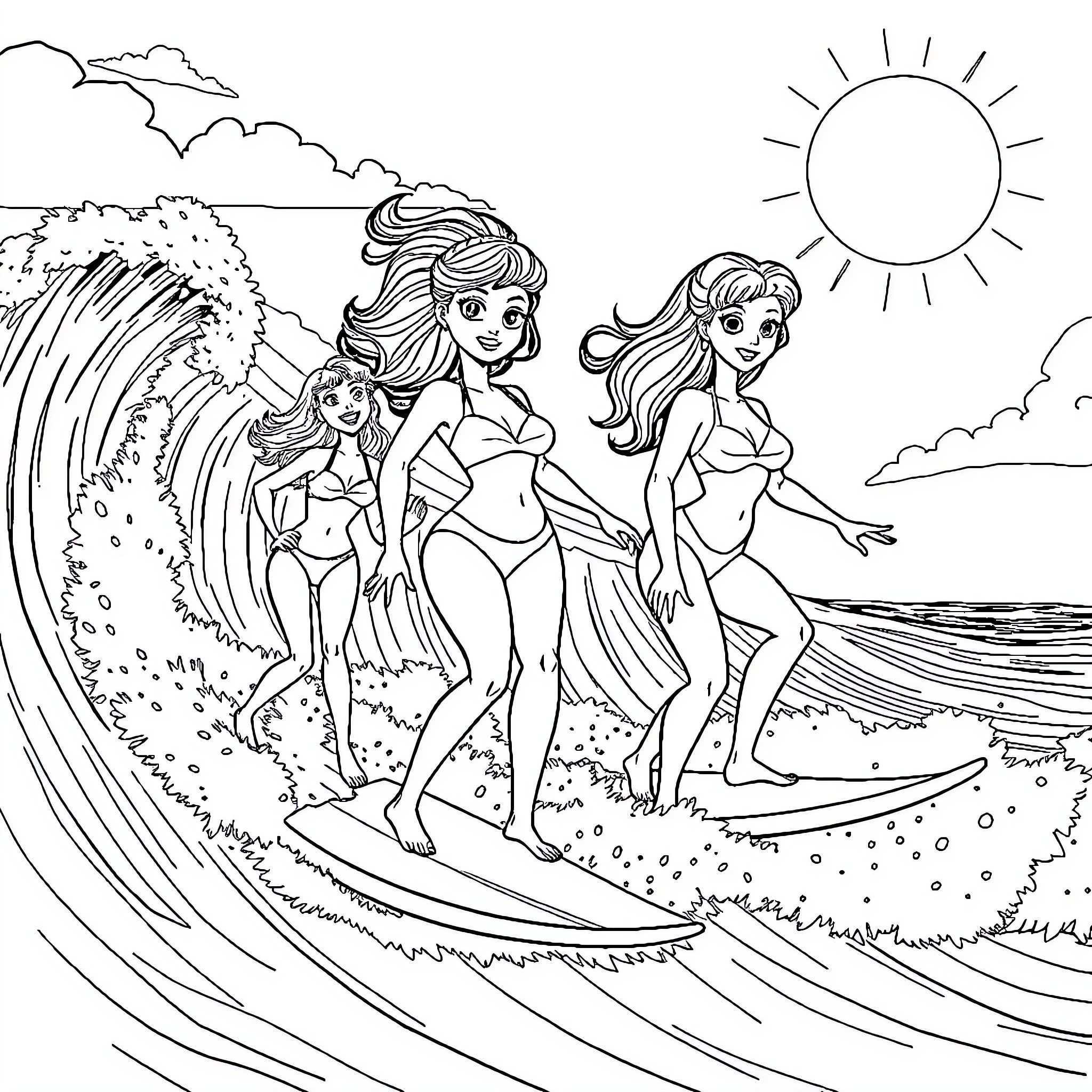 Totally Spies Surfing in the Waves Coloring Page (free black-and-white line drawing printable PDF for all, from beginners to advanced learners, including children, teens, adults, and seniors)