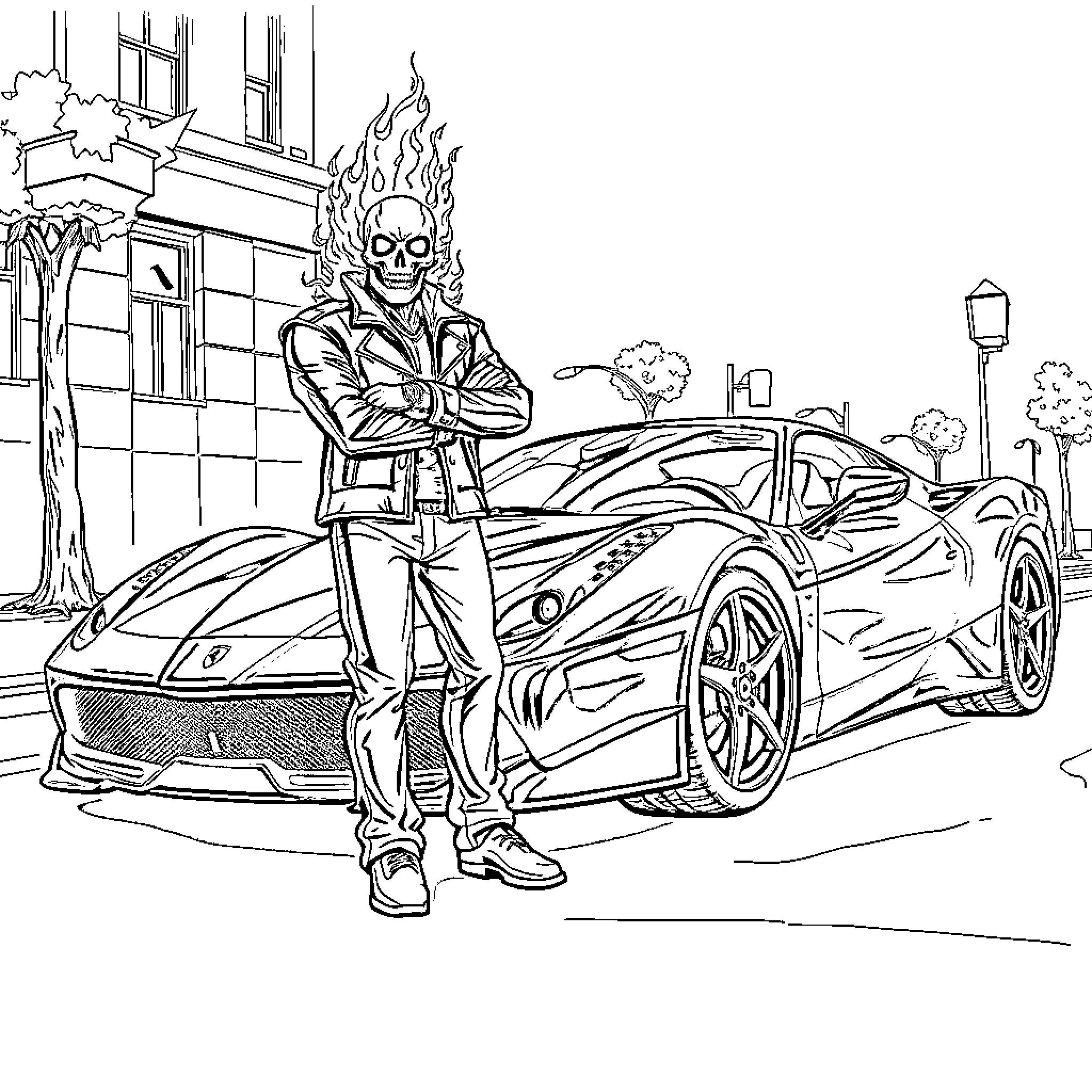 Ferrari Speeding Through the City with Fiery Figure Coloring Page (free black-and-white line drawing printable PDF for all, from beginners to advanced learners, including children, teens, adults, and seniors)
