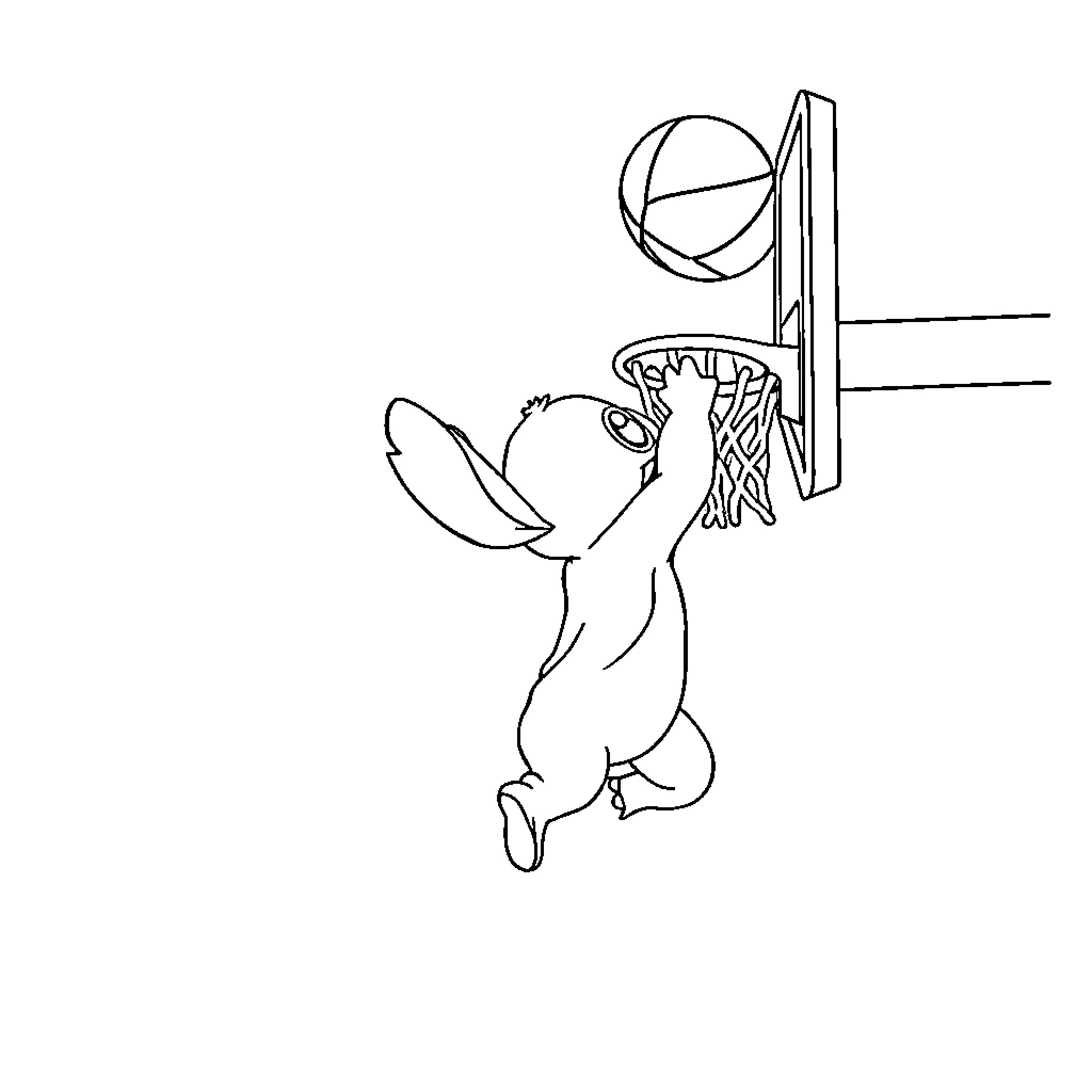 Stitch playing basketball with enthusiasm Coloring Page (free black-and-white line drawing printable PDF for all, from beginners to advanced learners, including children, teens, adults, and seniors)