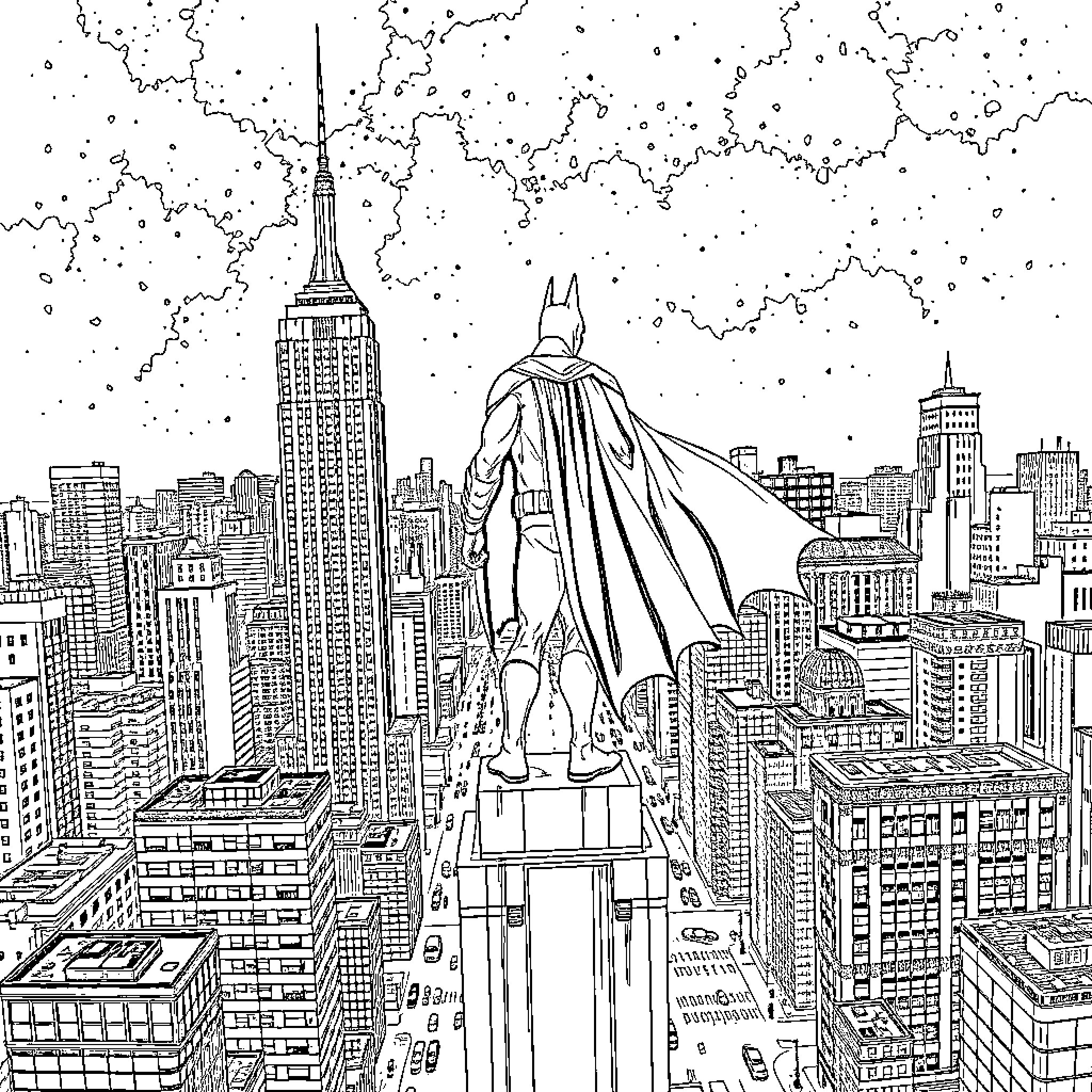 Batman overlooking the city skyline Coloring Page (free black-and-white line drawing printable PDF for all, from beginners to advanced learners, including children, teens, adults, and seniors)
