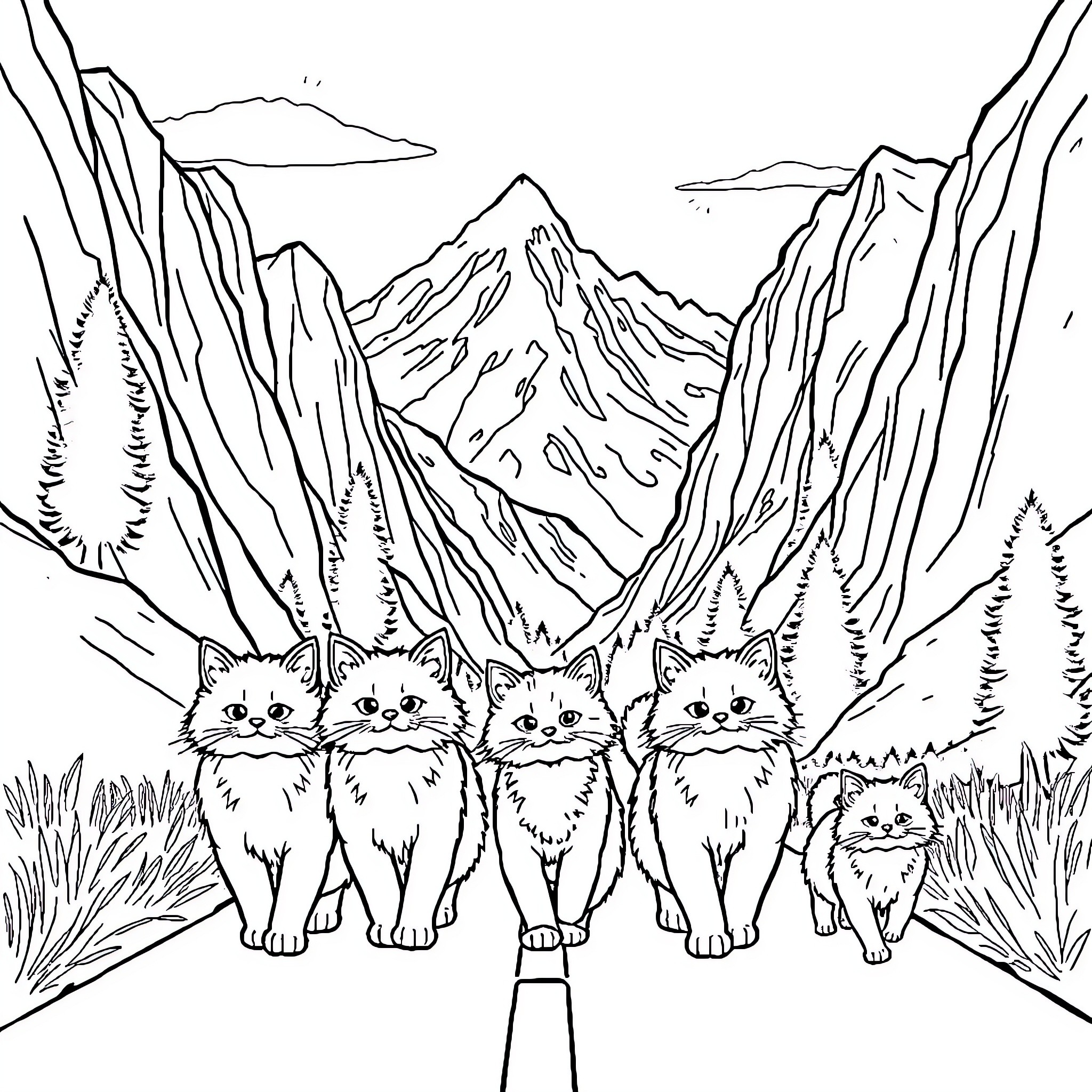 Cat group exploring mountainous landscape Coloring Page (free black-and-white line drawing printable PDF for all, from beginners to advanced learners, including children, teens, adults, and seniors)
