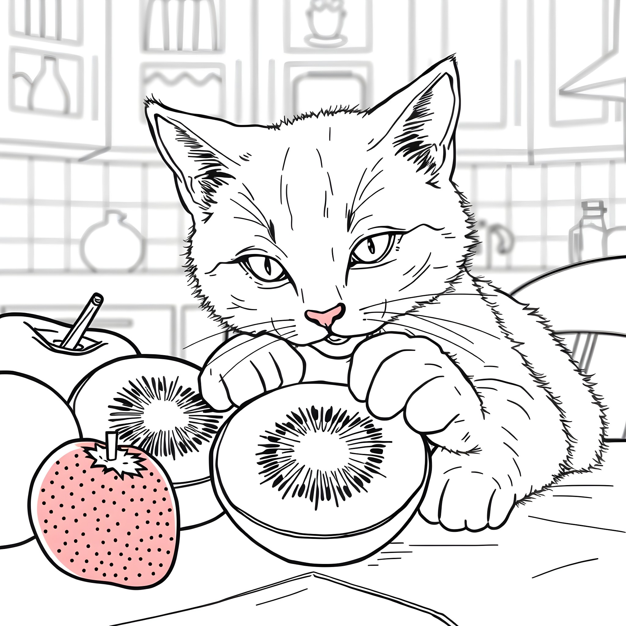 Cat admiring fruit in kitchen Coloring Page (free black-and-white line drawing printable PDF for all, from beginners to advanced learners, including children, teens, adults, and seniors)
