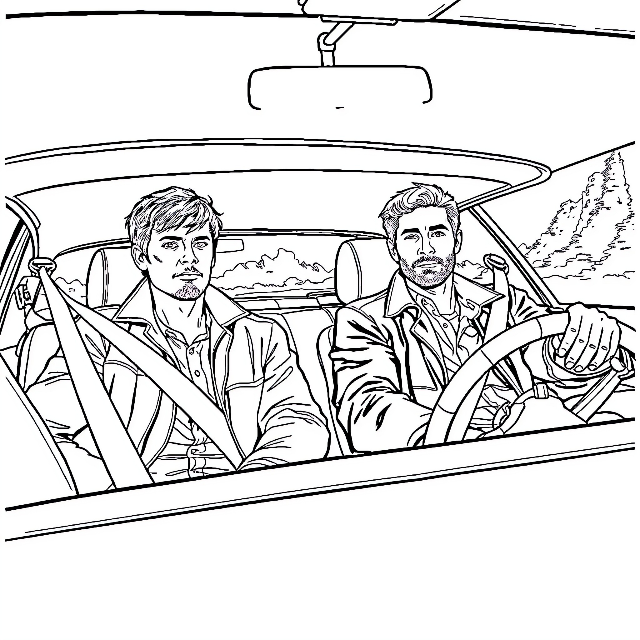 Winchester men driving vintage car on the road Coloring Page (free black-and-white line drawing printable PDF for all, from beginners to advanced learners, including children, teens, adults, and seniors)
