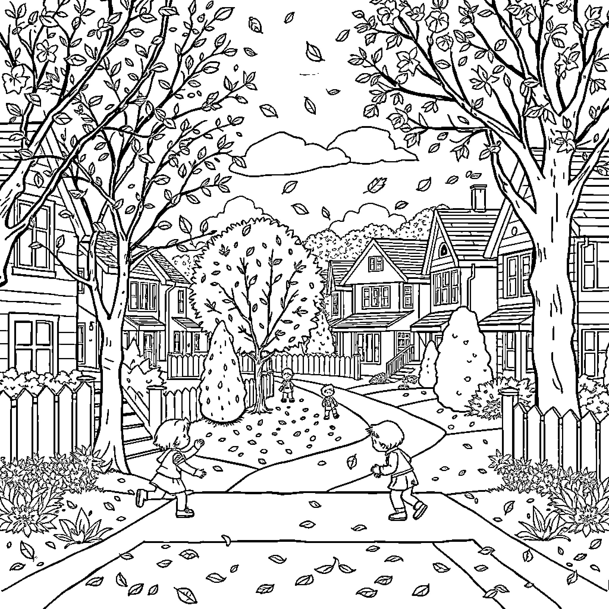 Neighborhood Scene in Autumn with Falling Leaves Coloring Page (free black-and-white line drawing printable PDF for all, from beginners to advanced learners, including children, teens, adults, and seniors)