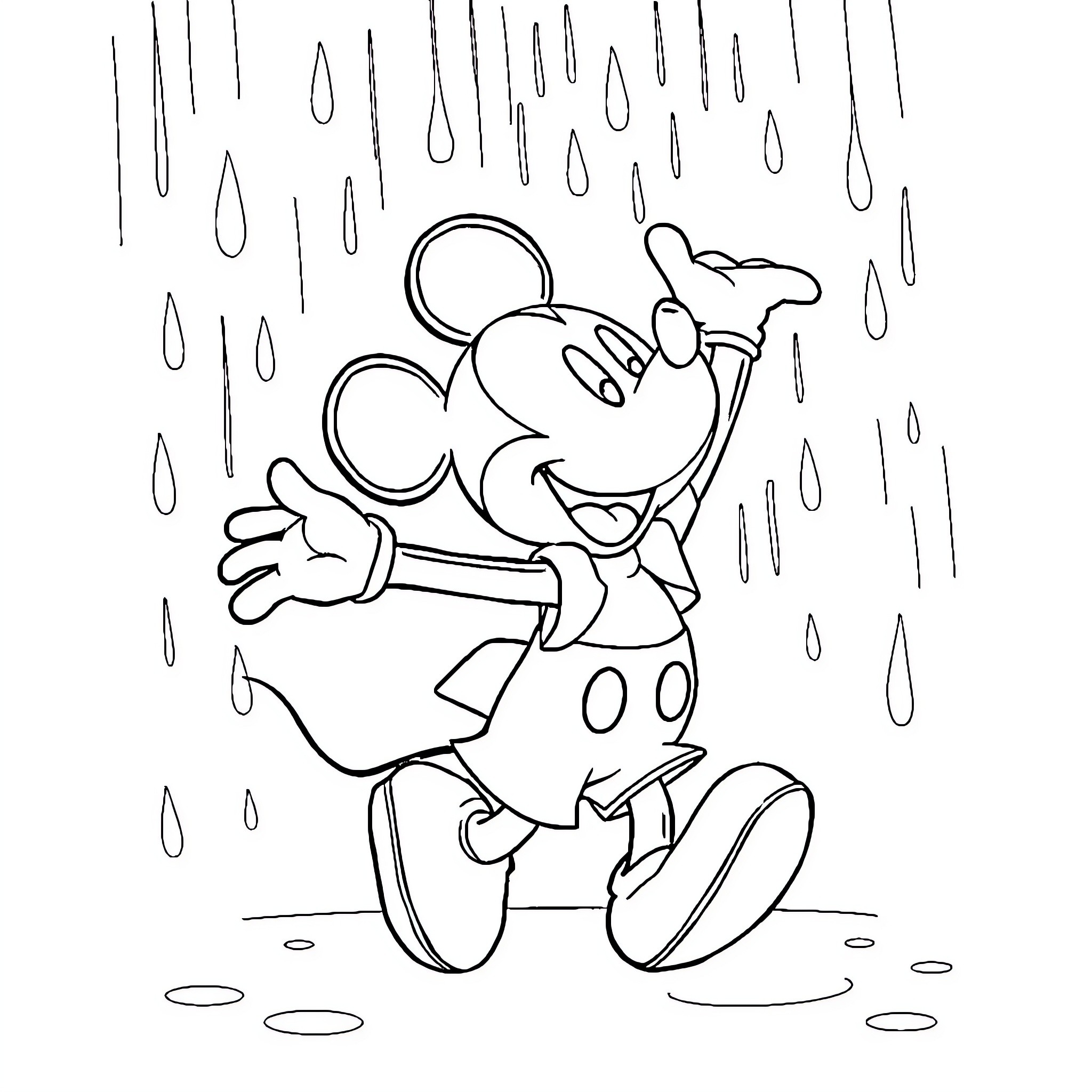 Mickey enjoying the rainy day Coloring Page (free black-and-white line drawing printable PDF for all, from beginners to advanced learners, including children, teens, adults, and seniors)