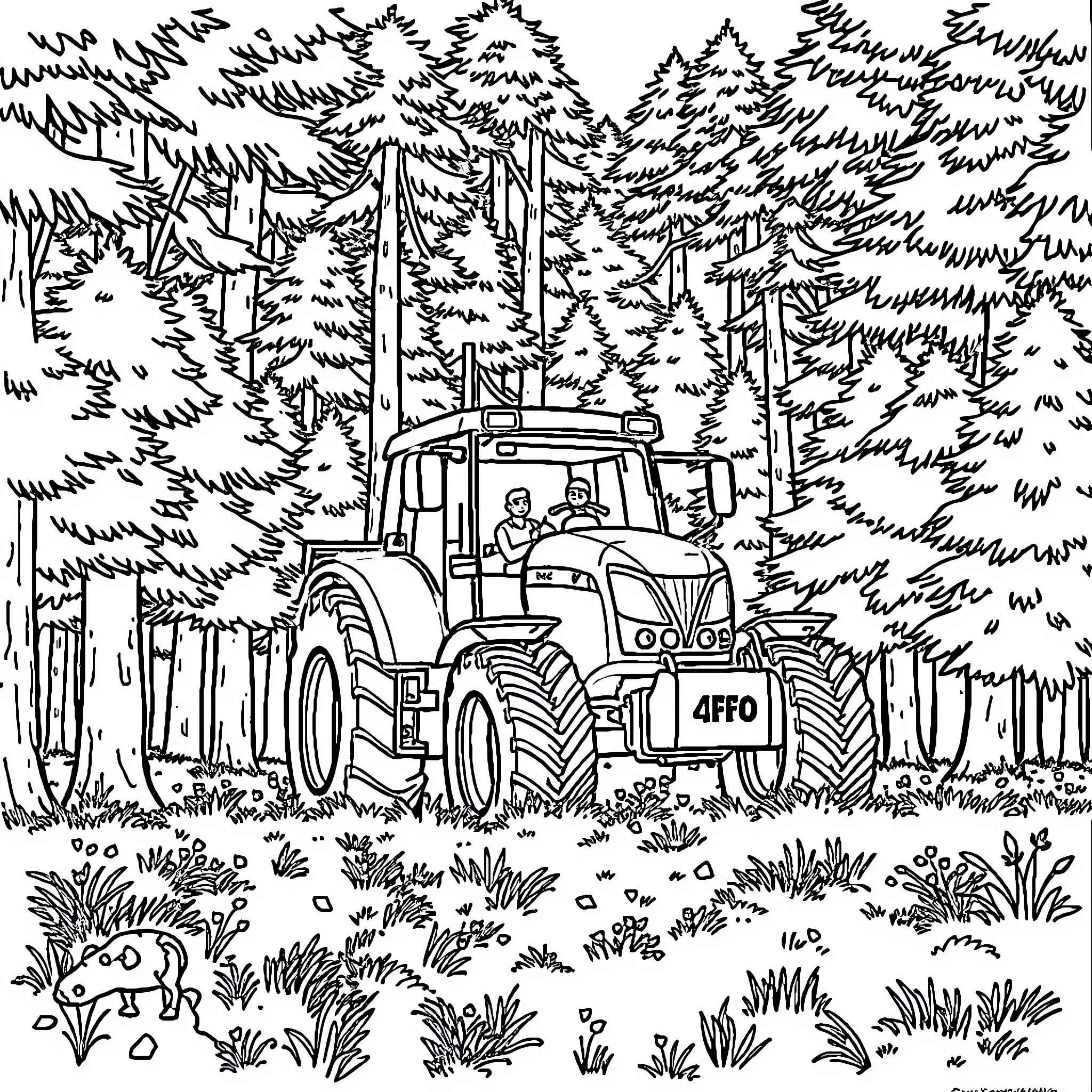 Tractor navigating through the forest Coloring Page (free black-and-white line drawing printable PDF for all, from beginners to advanced learners, including children, teens, adults, and seniors)