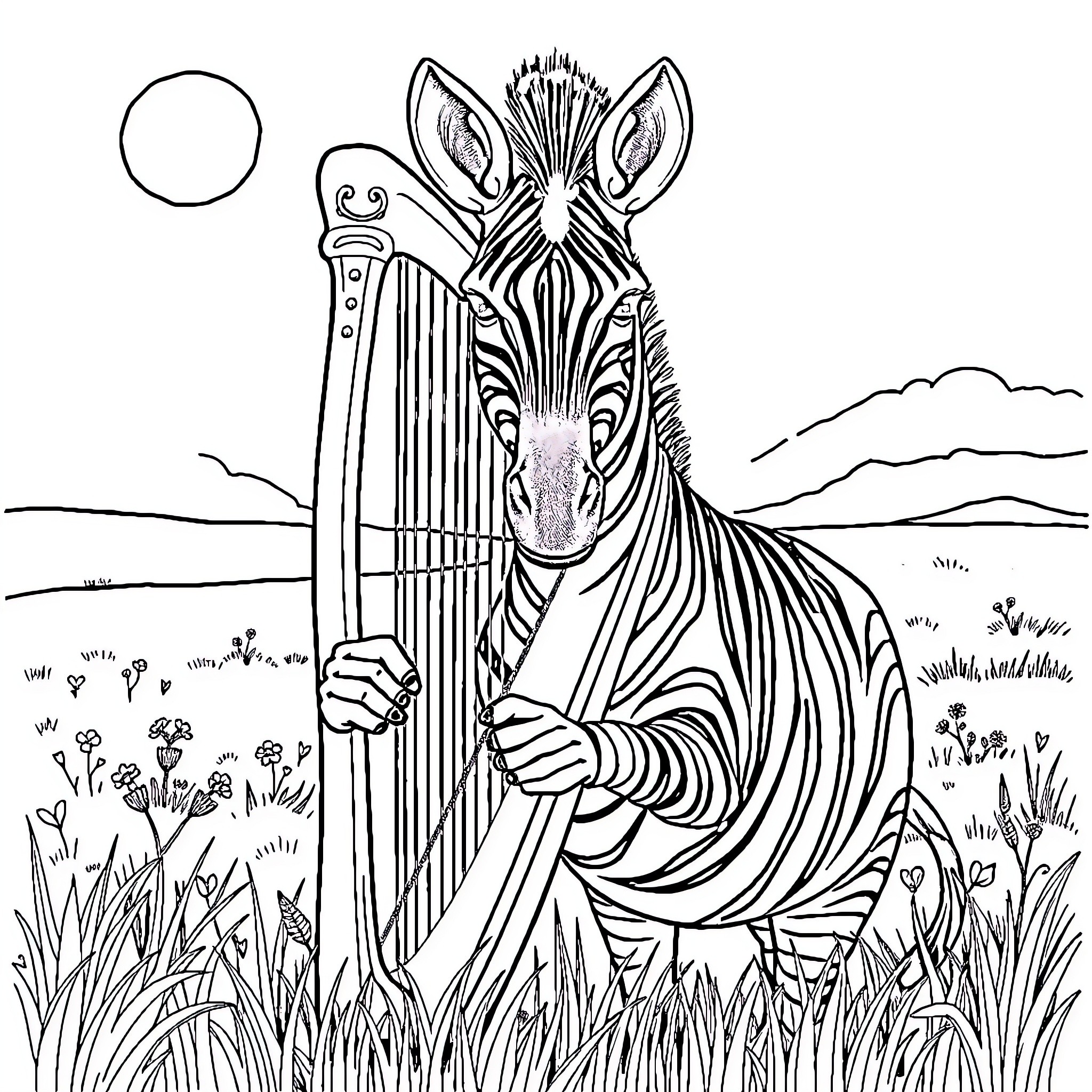 Zebra playing harp in serene landscape Coloring Page (free black-and-white line drawing printable PDF for all, from beginners to advanced learners, including children, teens, adults, and seniors)