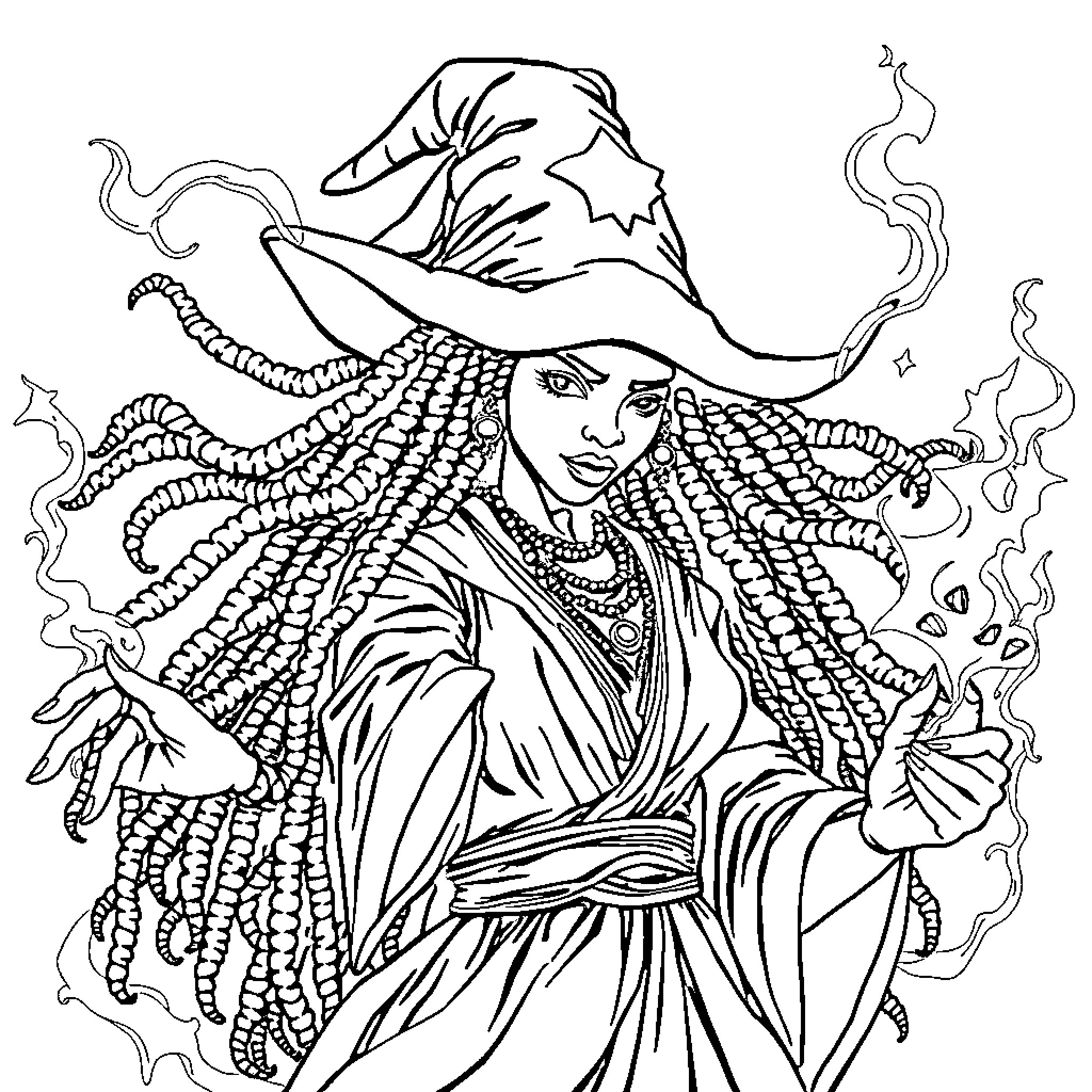Wizard with intricate braided hair casting mystical spells Coloring Page (free black-and-white line drawing printable PDF for all, from beginners to advanced learners, including children, teens, adults, and seniors)