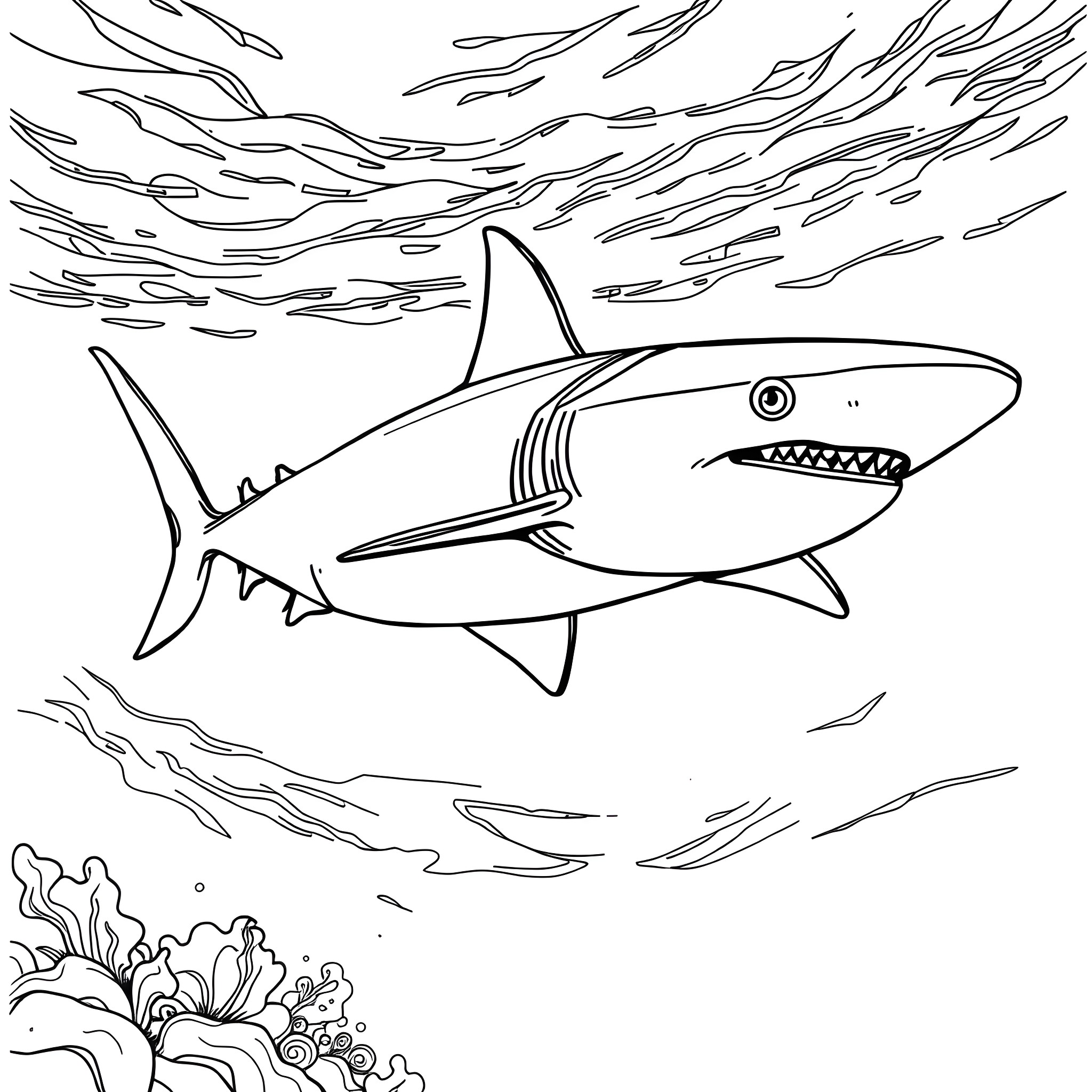 Shark swimming through the ocean waves Coloring Page (free black-and-white line drawing printable PDF for all, from beginners to advanced learners, including children, teens, adults, and seniors)
