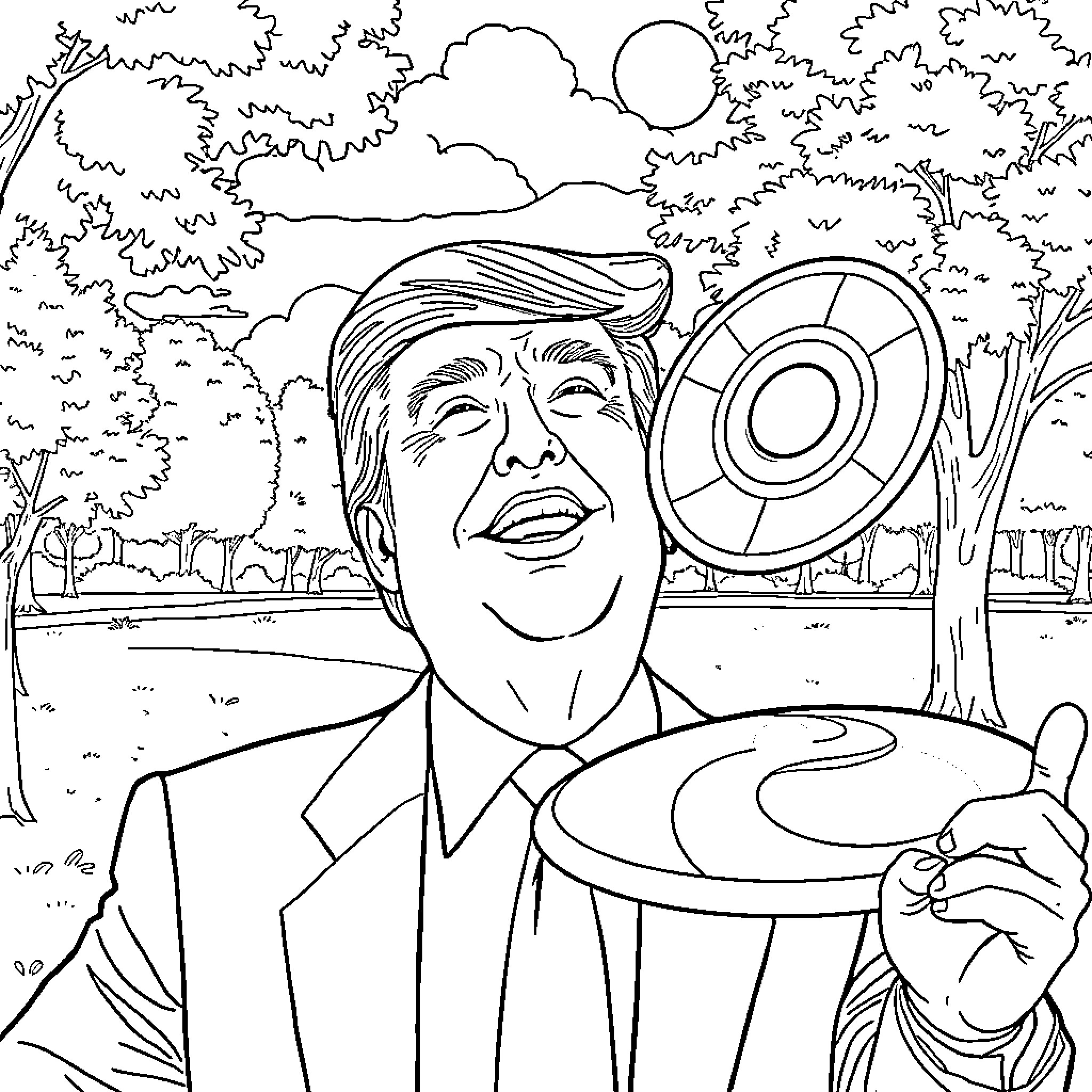 Trump playing with a frisbee in a park Coloring Page (free black-and-white line drawing printable PDF for all, from beginners to advanced learners, including children, teens, adults, and seniors)