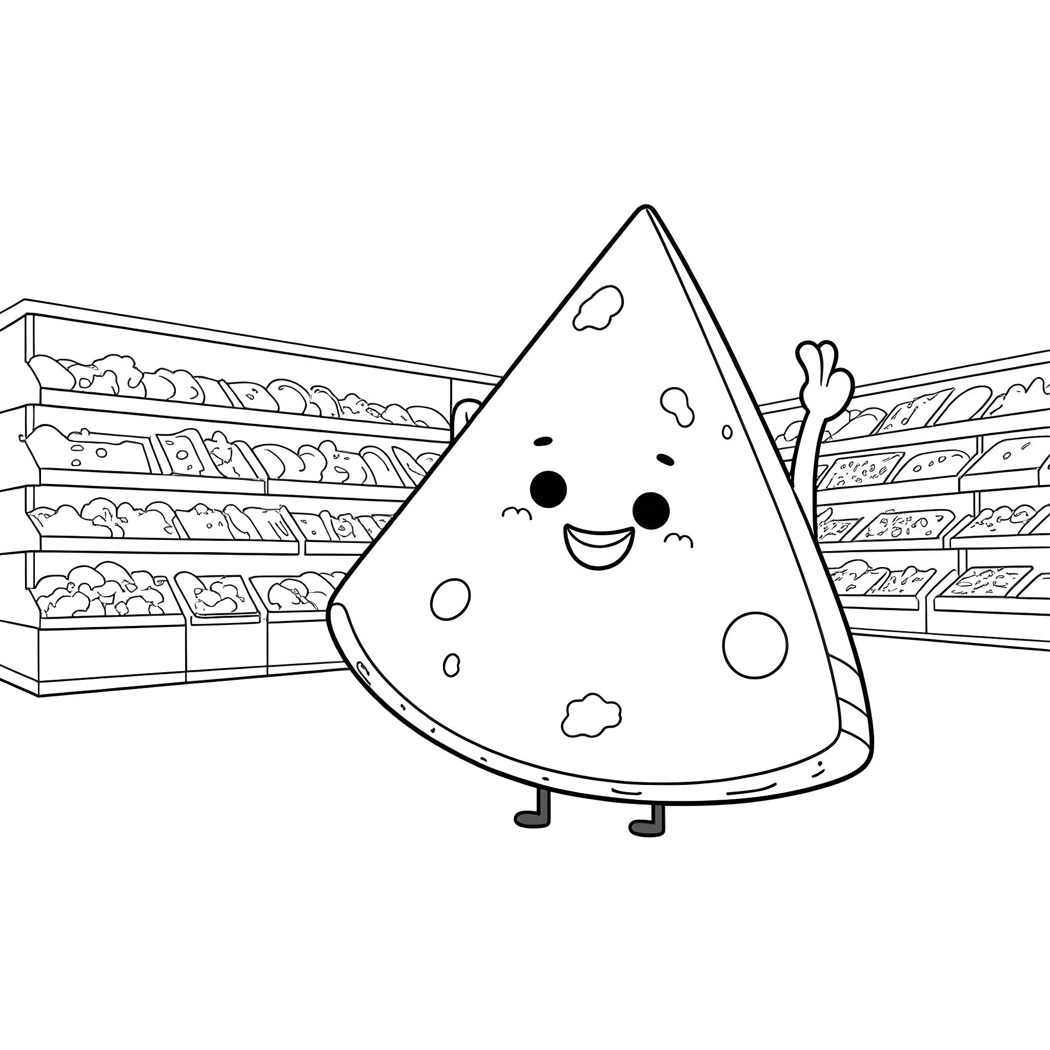 Swiss Cheese slice happily exploring the supermarket Coloring Page (free black-and-white line drawing printable PDF for all, from beginners to advanced learners, including children, teens, adults, and seniors)
