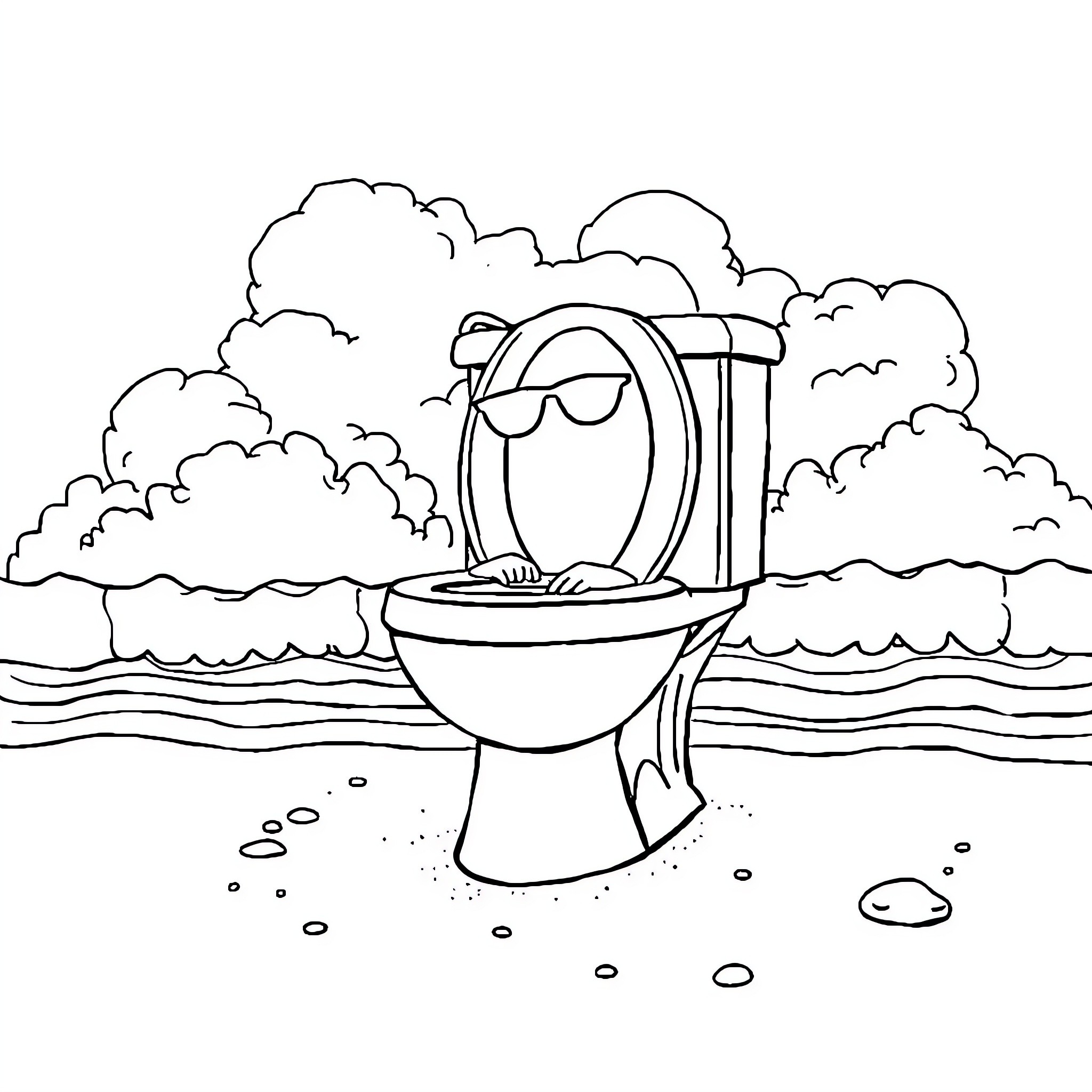 Skibidi Toilet with Sunglasses in a Surreal Landscape Coloring Page (free black-and-white line drawing printable PDF for all, from beginners to advanced learners, including children, teens, adults, and seniors)