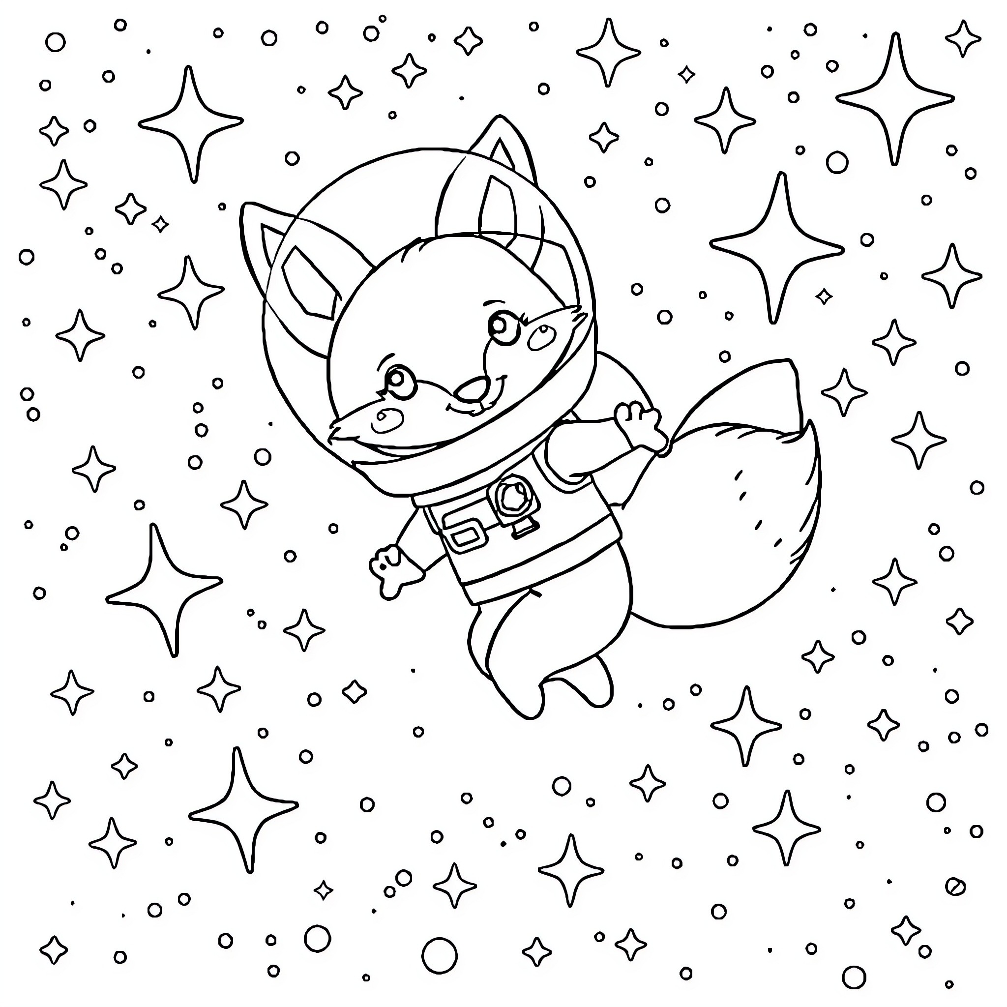 Fox astronaut floating among the stars Coloring Page (free black-and-white line drawing printable PDF for all, from beginners to advanced learners, including children, teens, adults, and seniors)