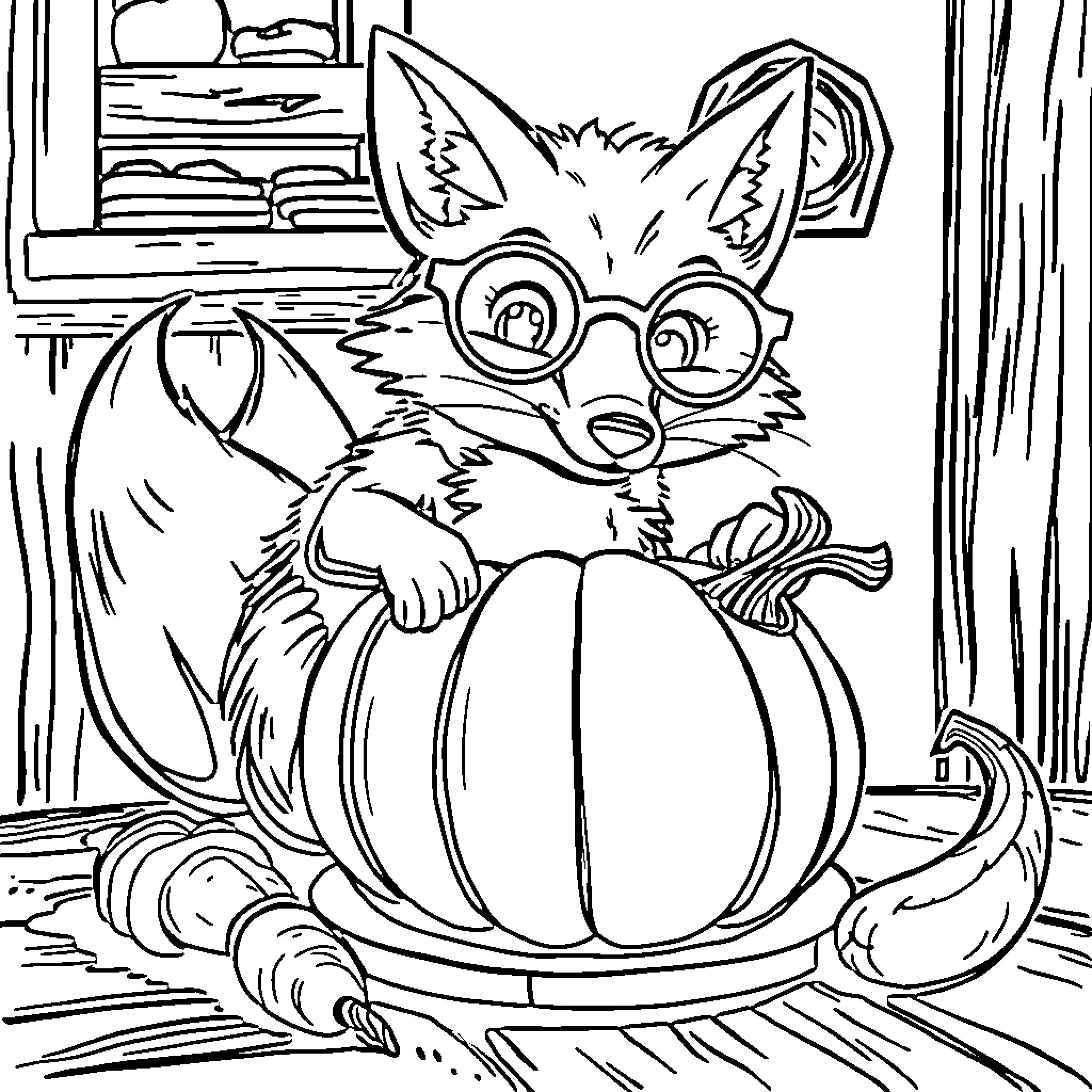 Fox with glasses sitting on a pumpkin Coloring Page (free black-and-white line drawing printable PDF for all, from beginners to advanced learners, including children, teens, adults, and seniors)
