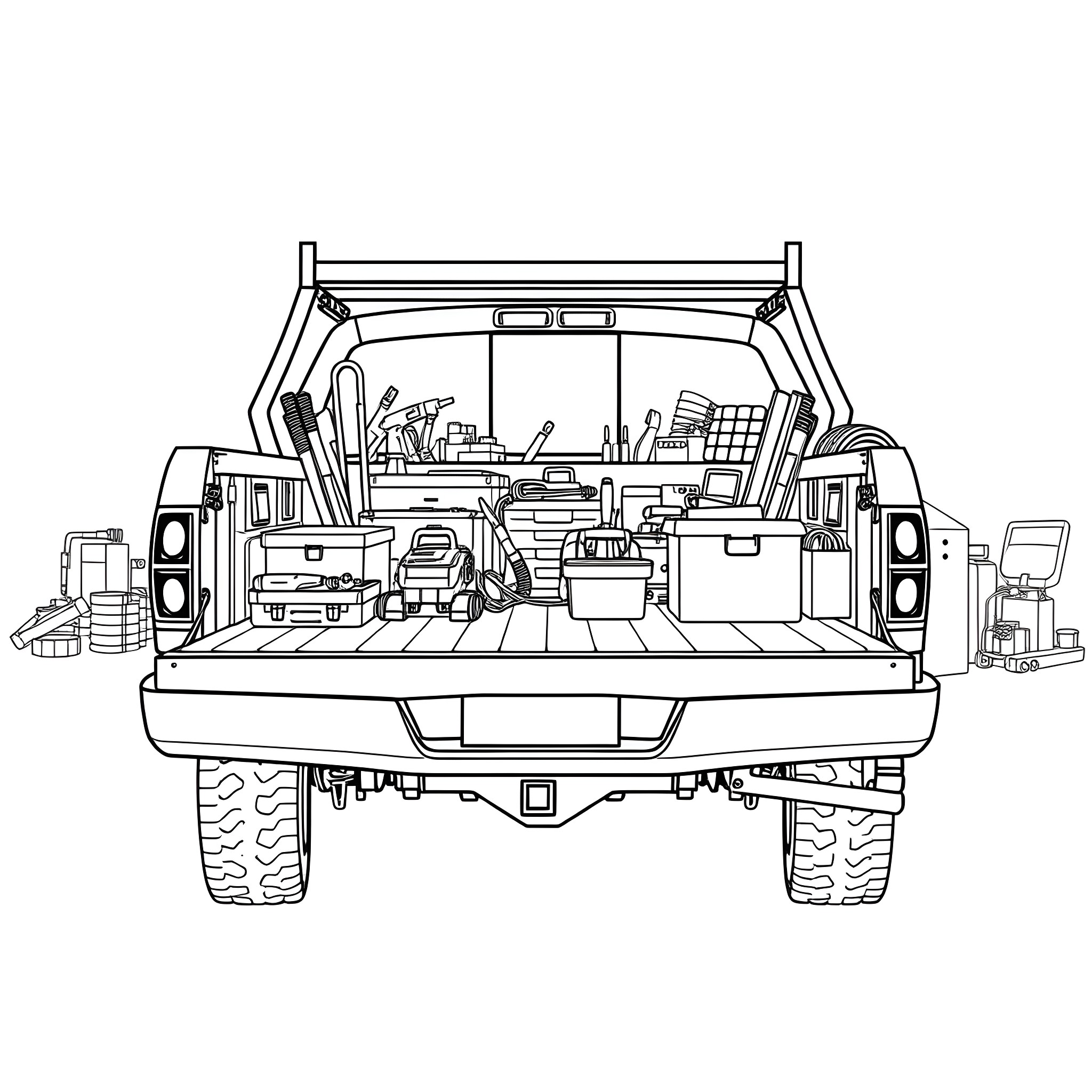 Pickup Truck Packed with Gear and Supplies Coloring Page (free black-and-white line drawing printable PDF for all, from beginners to advanced learners, including children, teens, adults, and seniors)