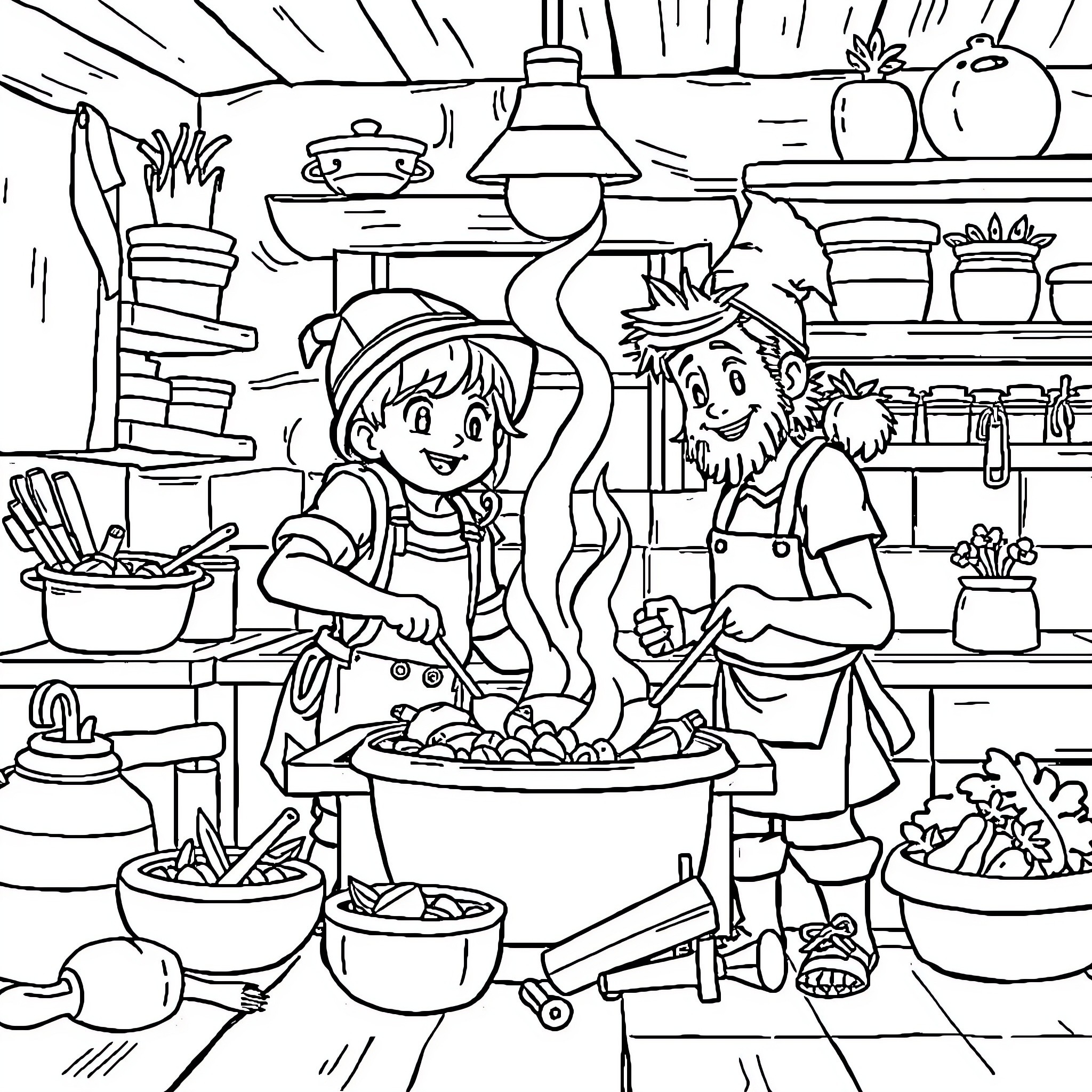 Adventor's Culinary Collaboration in the Cozy Kitchen Coloring Page (free black-and-white line drawing printable PDF for all, from beginners to advanced learners, including children, teens, adults, and seniors)